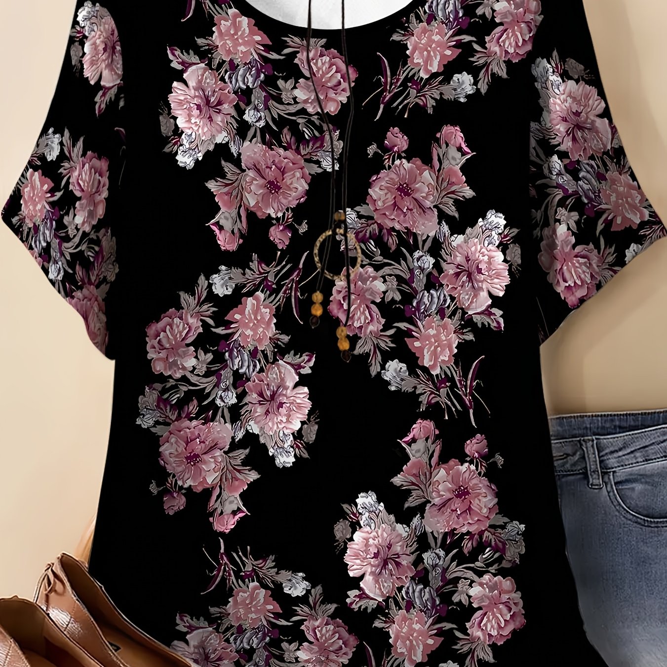 TEMU Women's Round Neck T-shirt, Black Short Sleeve Top, Casual Everyday Wear
