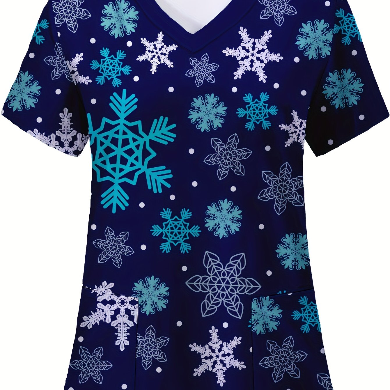 TEMU Plus Size, Damen Plus Size Schneeflocken-Print T-Shirt, Casual Mode Blaues V-Ausschnitt Kurzarm, Elegantes Bequemes Krankenschwester-Oberteil