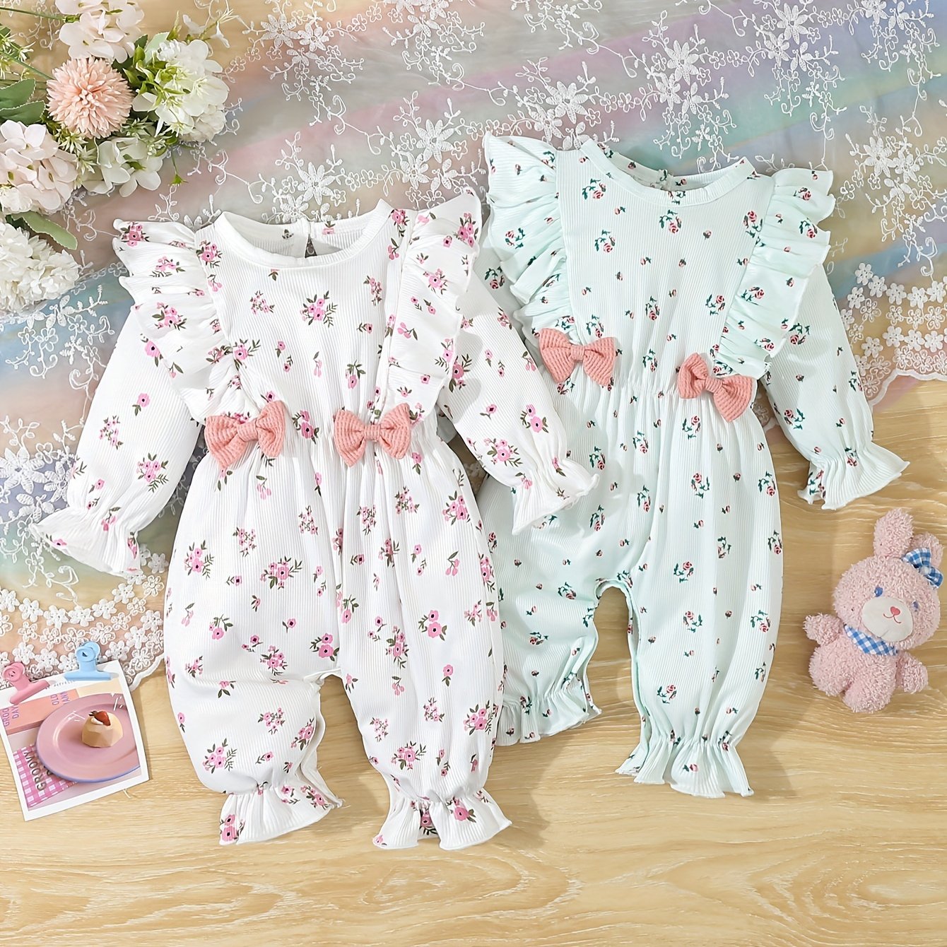 Image of 2pcs Girls' Romper With Cute Bow Ruffle And Pastoral Small Floral Print, Perfect For Outdoor