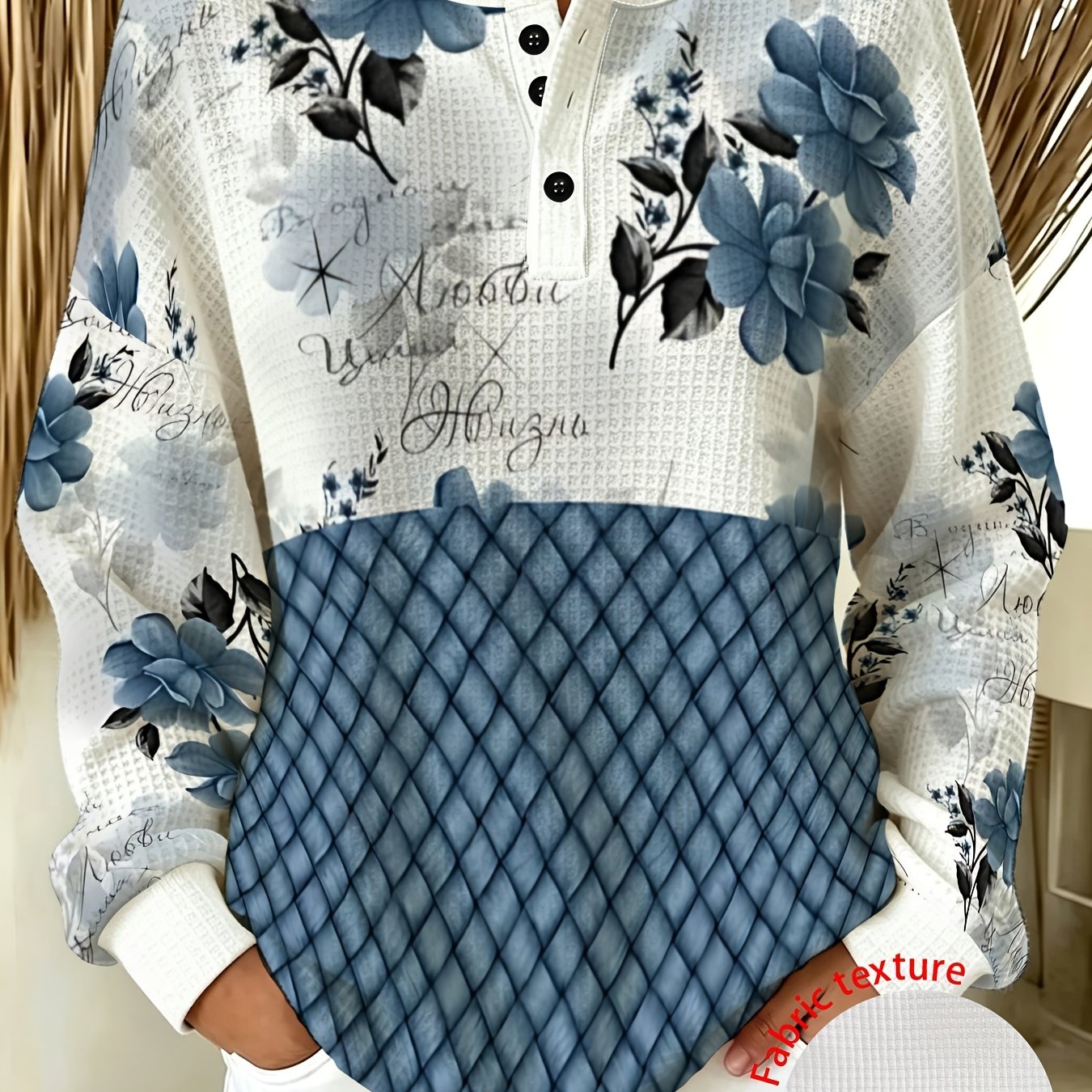 TEMU Plus Size - [printed Design-not Textured] Henley Collar Button-front Long Sleeve Top, Waffle Fabric, Print Long Sleeve T-shirt Round Neck Casual