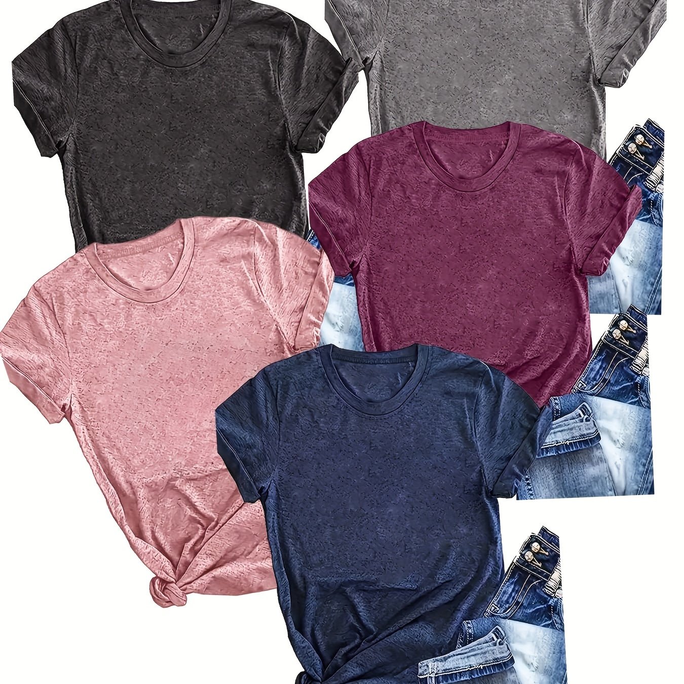 5-pack Solid Color Crewneck T-shirts, Casual Short-sleeve Tees For Spring And Summer, Women's Clothing