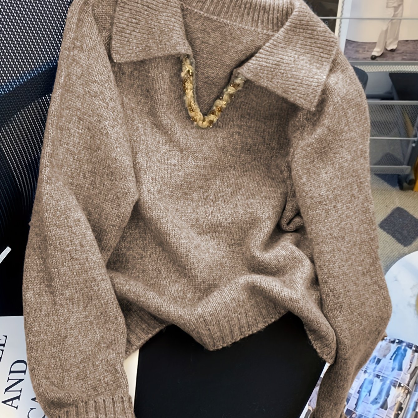 TEMU Women's Elegant Sweater Sweater - Chic Neck Pullover Sweater, Soft Sweater For Office, Formal & Everyday Outfits - Women's Sweater Sweater,