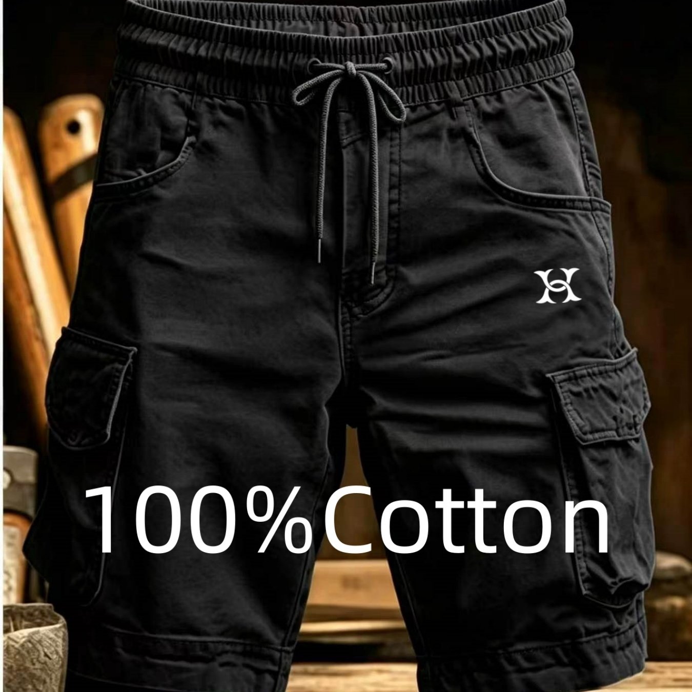 Men' 100% Cotton Cargo Shorts, Loose Fit Casual Shorts With Elastic Drawstring, Wear-resistant Multi- Shorts