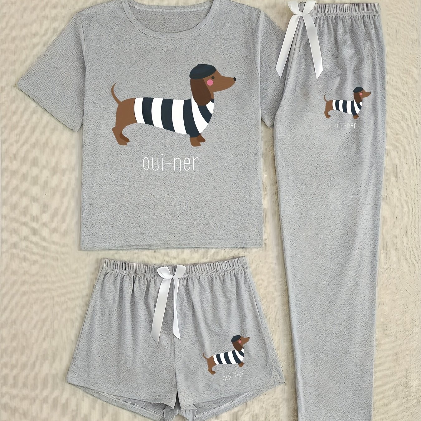 E-shop 3-teiliges Damen-Pyjama-Set mit Kurzarm-Top mit Dackel-Cartoon-Aufdruck, passender Shorts Hose