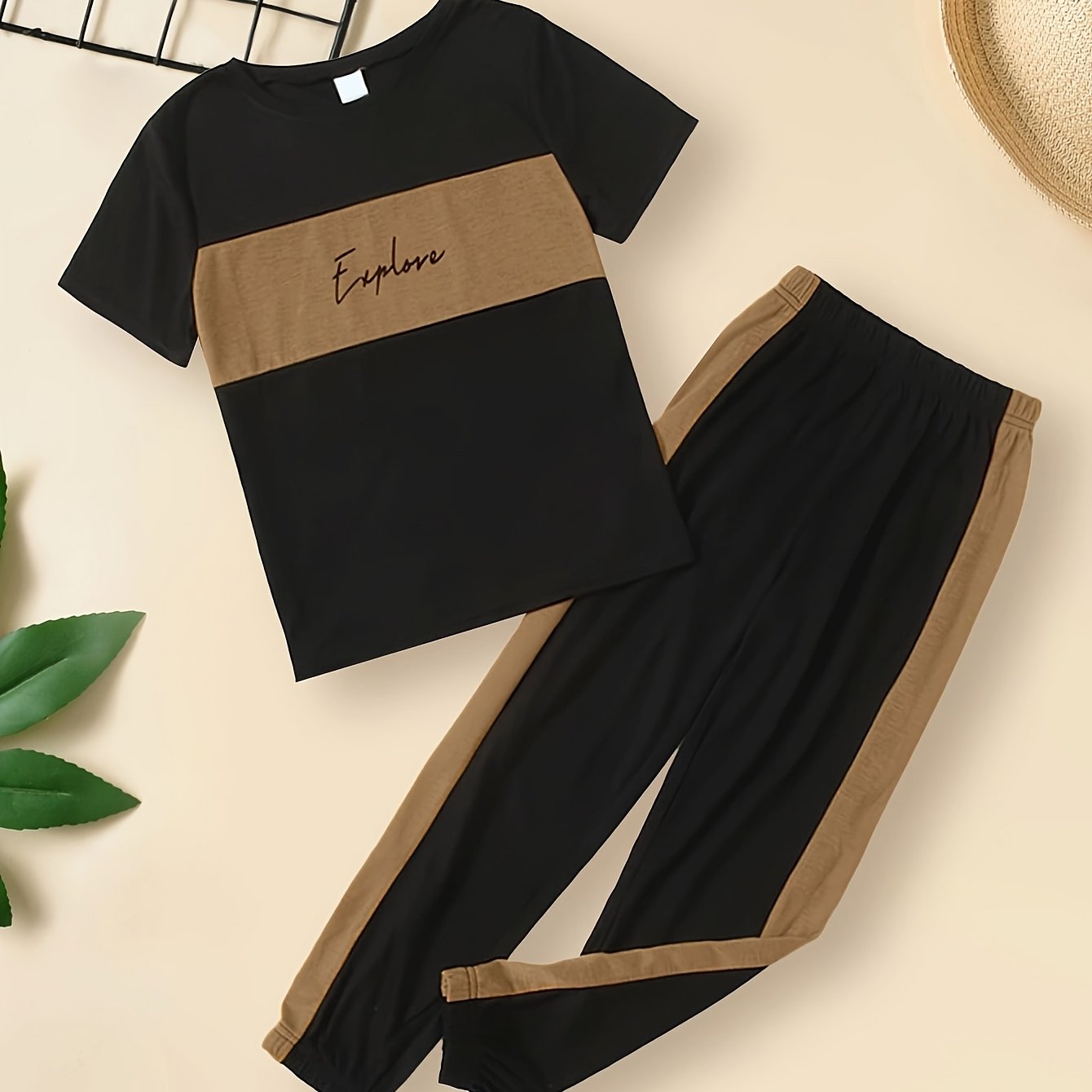 Image of Boys' Two-piece Set: Color-block Printed T-shirt + Elastic Waist Pants Casual Outfit, Perfect For Outdoor