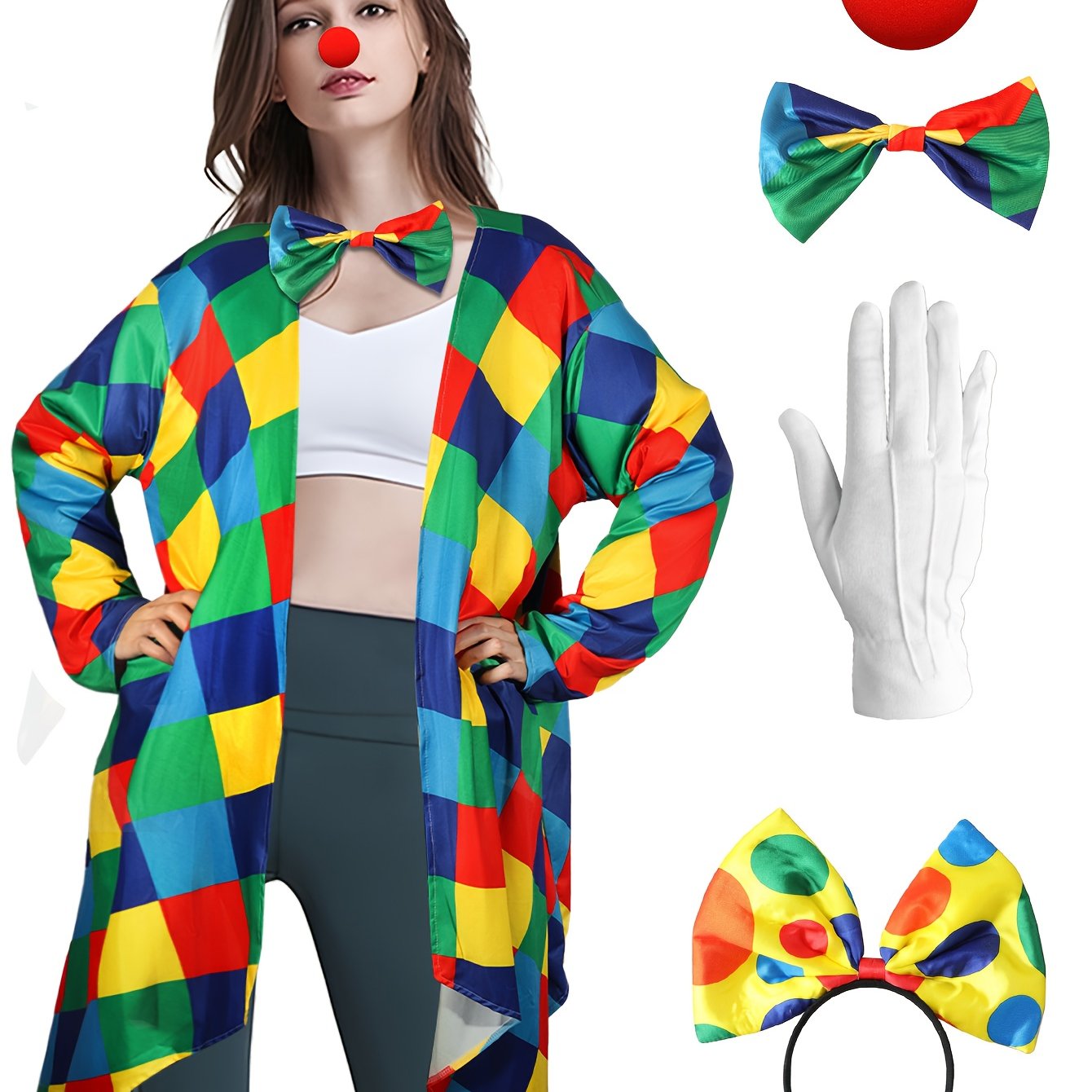 Novelty Fun Cape Clown Dress Up Set With Bow Headband, Bow Tie, Clown Nose, Gloves. Mardi Gras