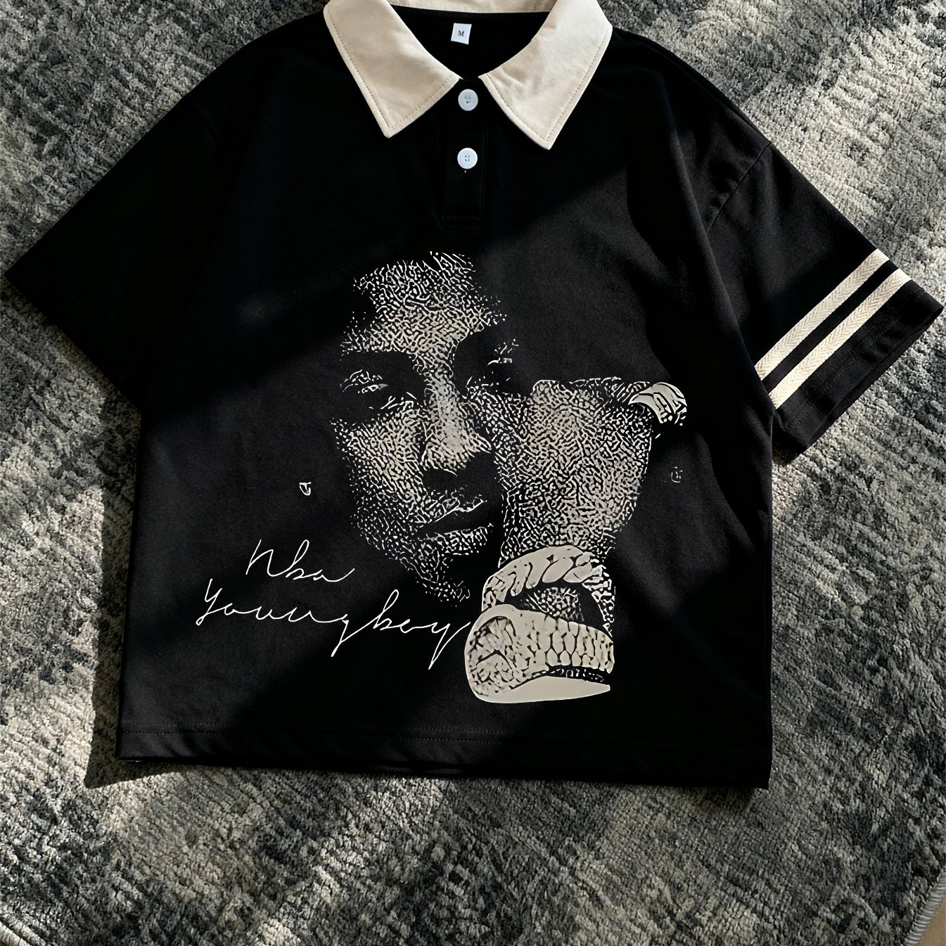 TEMU Men's New Shirt | Y2k Style, Black With Contrast Collar And Striped Cuffs, Dot-art Portrait And Print With Handwritten Lettering, Loose-fit
