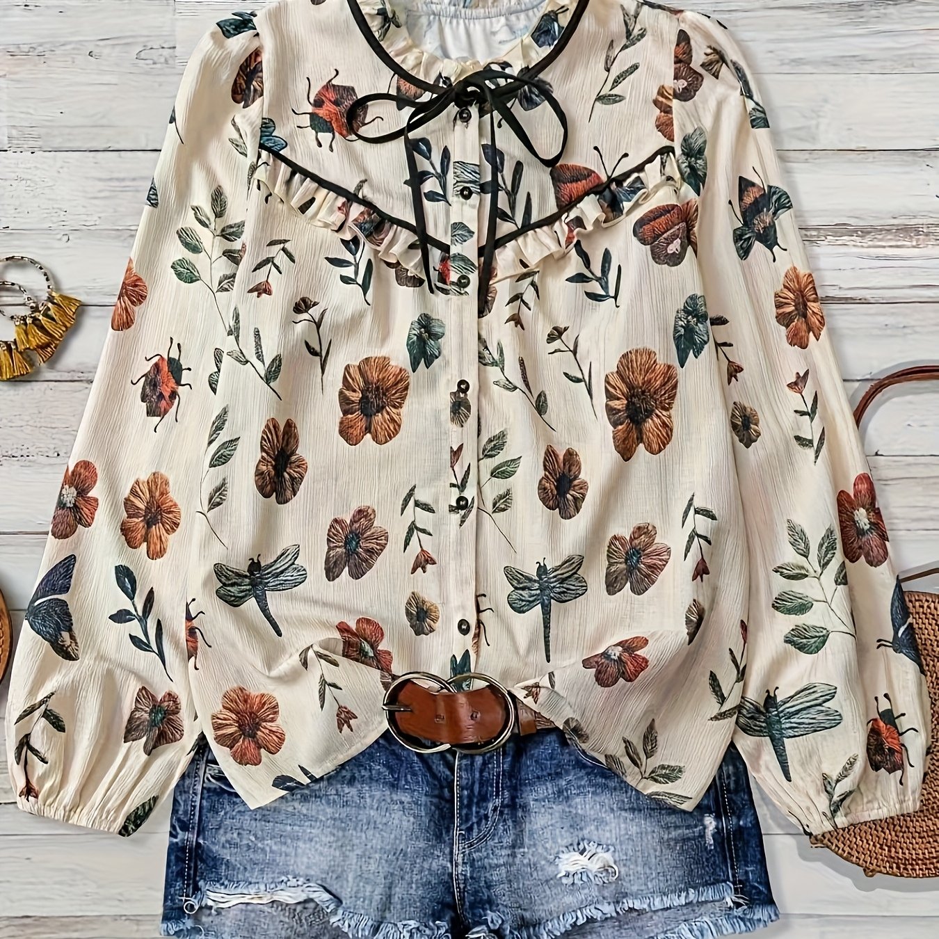 E-shop Plus Size - Plus Size - Plus Size Damen Retro Botanischer Druck Binden Rüschenkragen Shirt Geeignet für Frühling, Sommer, Herbst und Winter