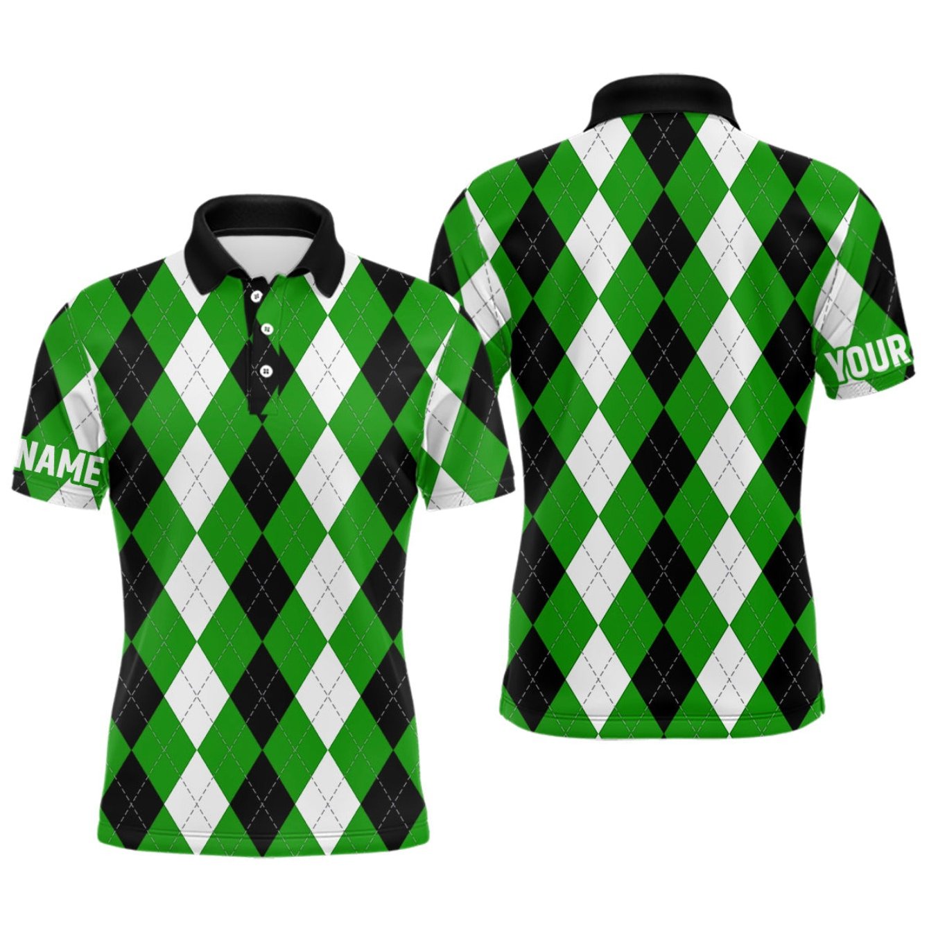 TEMU Men's Custom Golf Shirt - Personalized Name/text, Green Argyle Plaid Pattern, With Piping, Button-up Collar, Regular Fit, Machine Washable -