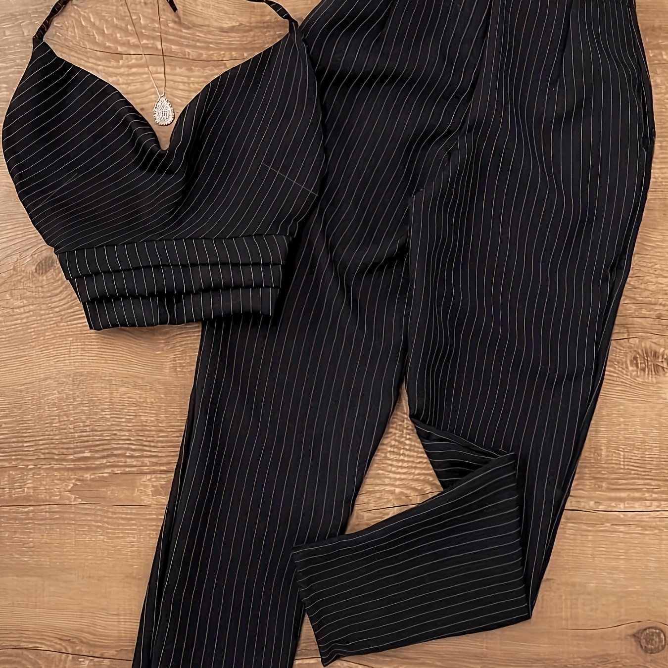 Image of Women's Elegant Black Halter Neck Off-shoulder Top + High-waisted Straight-leg Striped Pants Set, 2pcs Zllz