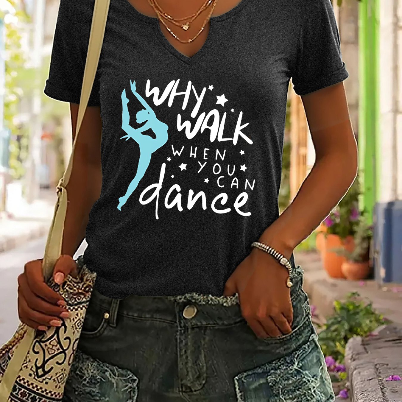 TEMU Women's Summer V-neck Short-sleeve Tee With Why Walk When You Text And Dancer Graphic Comfortable Soft Fabric Breathable Suitable For Daily Wear