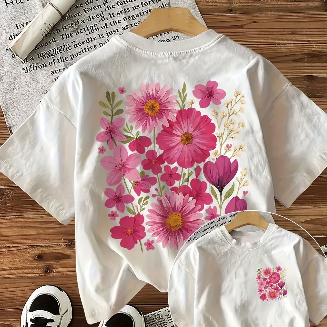 E-shop Vintage-Style T-Shirt mit kurzen Ärmeln, Rundhalsausschnitt und floralem Druck im Doppelseitig-Druck-Design
