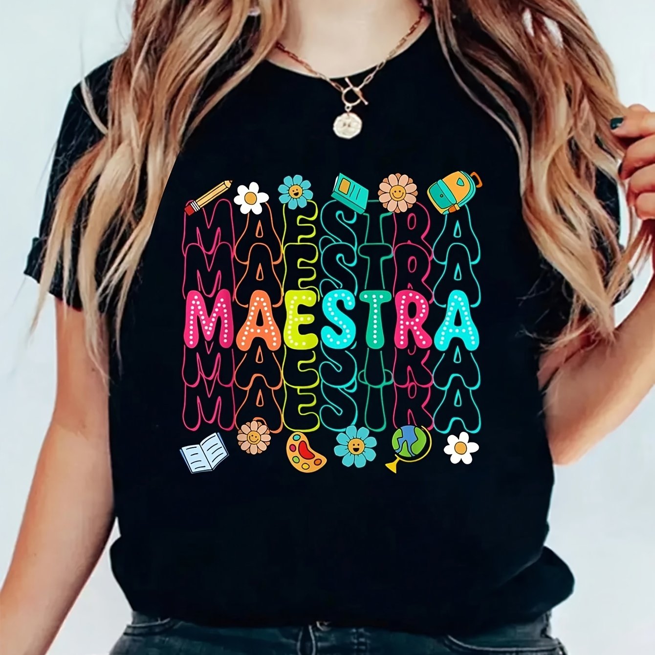 TEMU Colorful Maestra Graphic- Women's Graphic Tee- Soft& Breathable- Round Neck- Comfortable For
