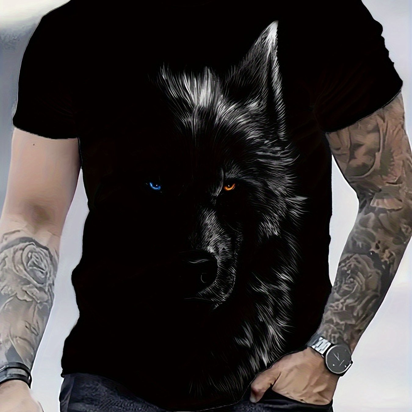 TEMU - Men's Summer T-shirt Featuring A Wolf Design