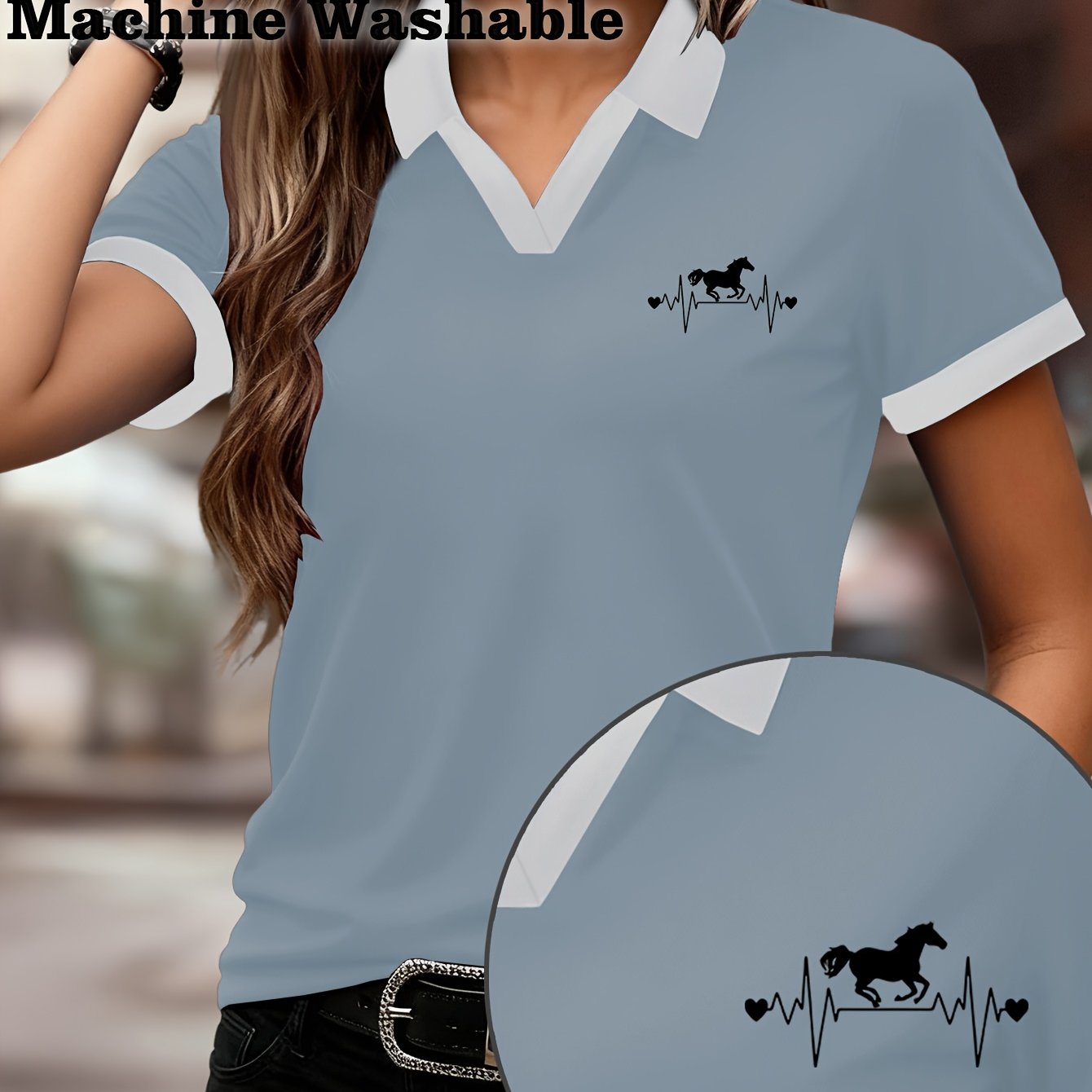 TEMU Women's Shirt & '' Print - Short Sleeve Collar Top, Casual Outdoor Wear Suitable For Matches & Horse Riding Events, Machine Washable Comfortable