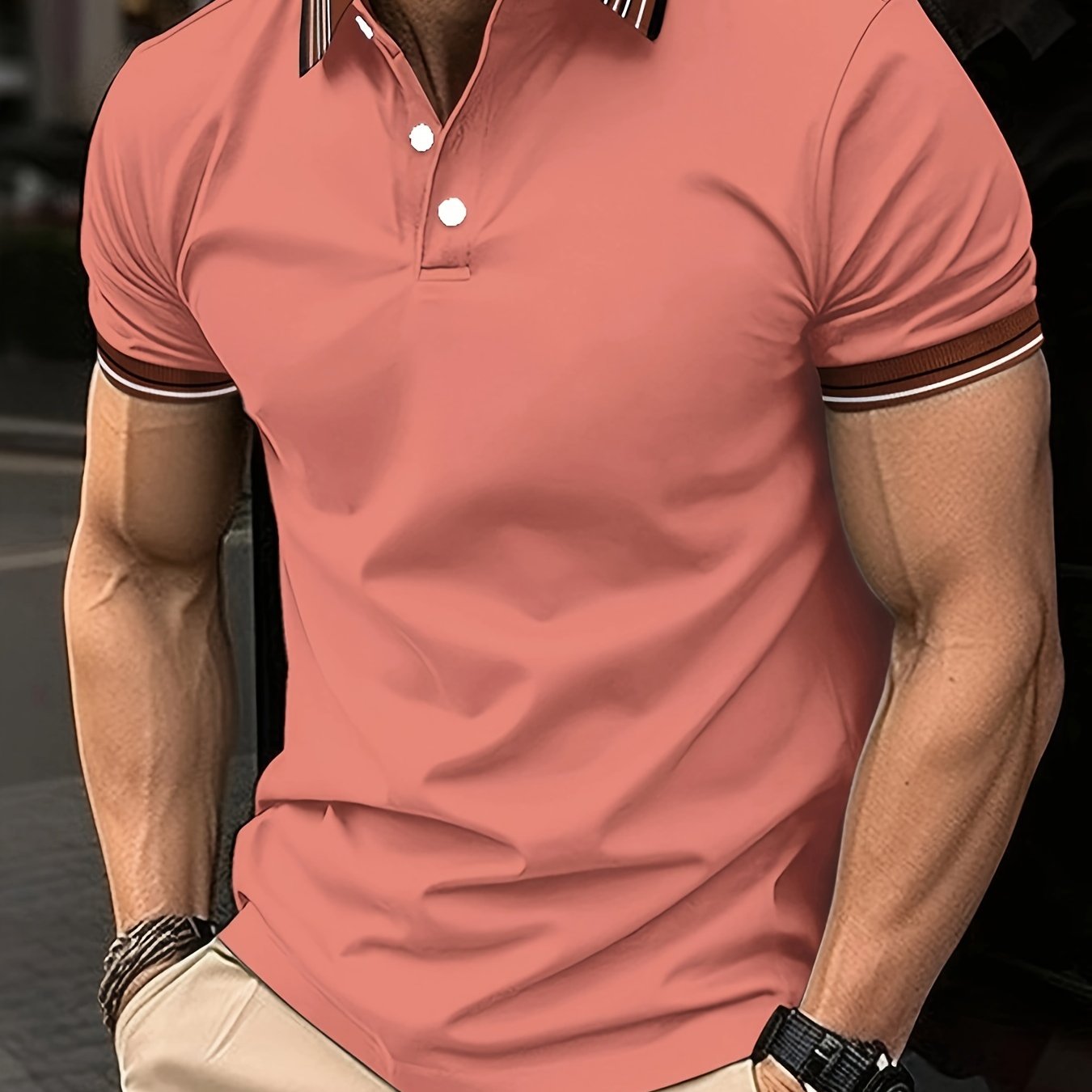 TEMU Men's Striped Trim Decor Short Sleeve Lapel T-shirt For Summer, Casual Stylish Golf Tops As Gift