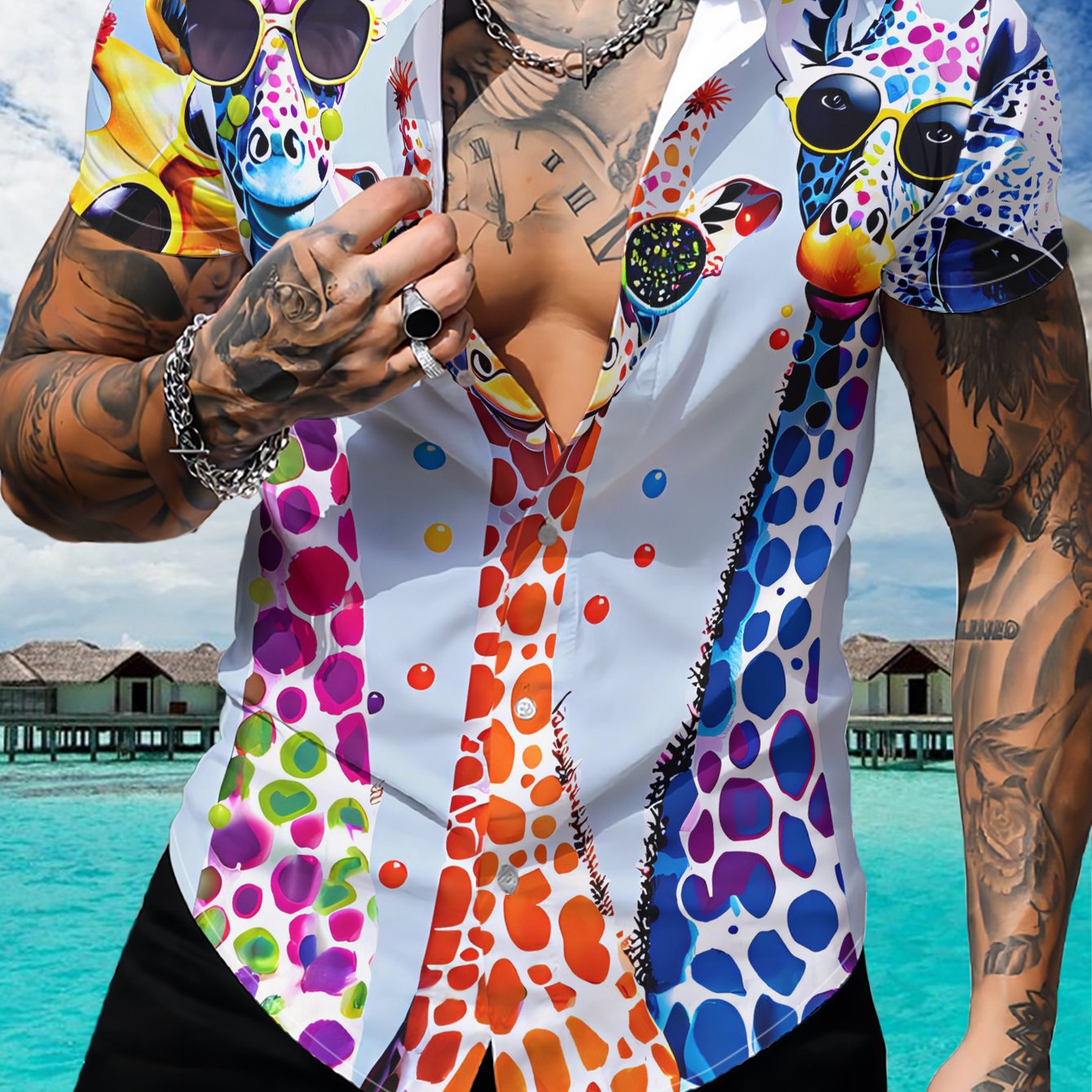 TEMU Men's Shirt With Colorful Giraffe Wearing Fashion Glasses And Colorful Ball Shirt Top, Plus Size