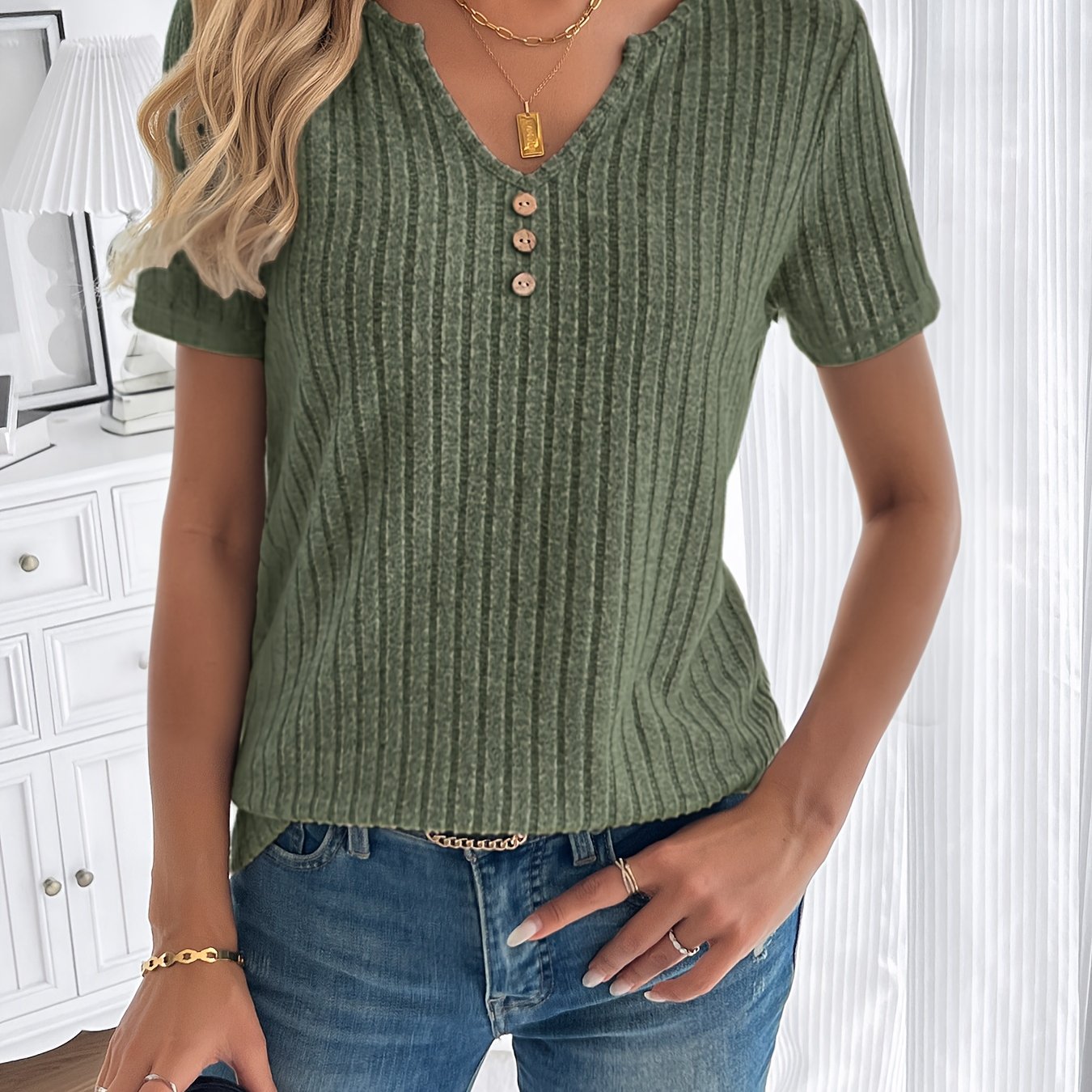 Elegant + 2025 Spring/summer New Women's V-neck Button Casual Ribbed Short Sleeve T-shirt Top