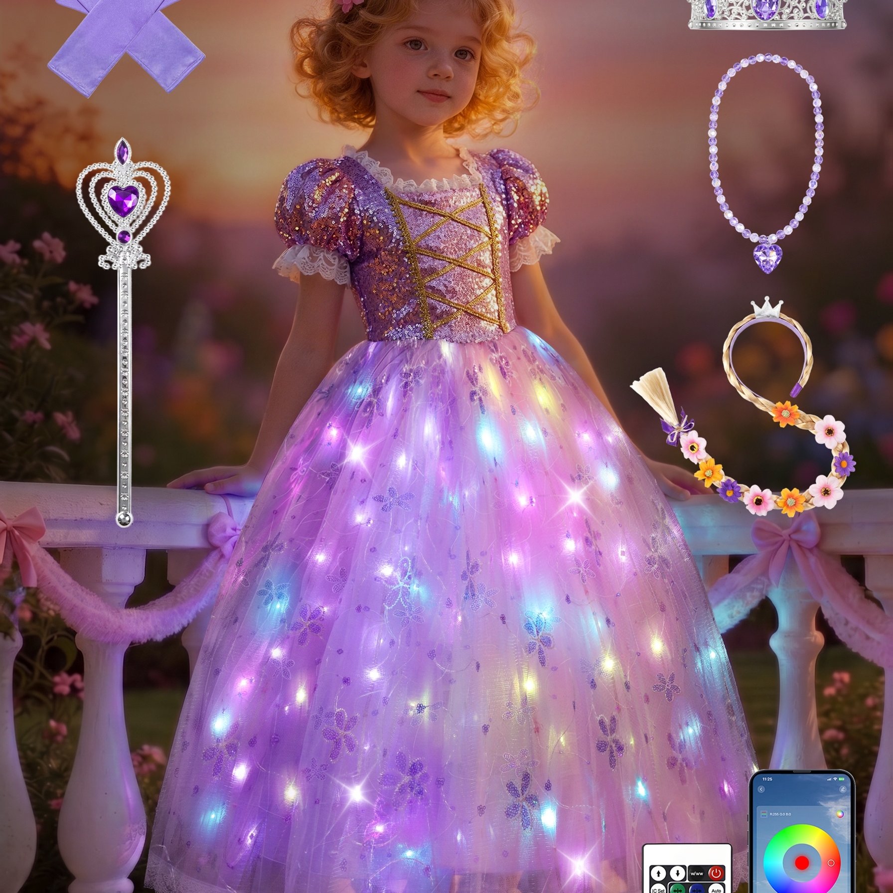 TEMU Princess Dress Up For Girls Led Halloween Girls Costume Christmas Kids Party Dresses For Girls With Additions, App-controlled Rgb Led Halloween