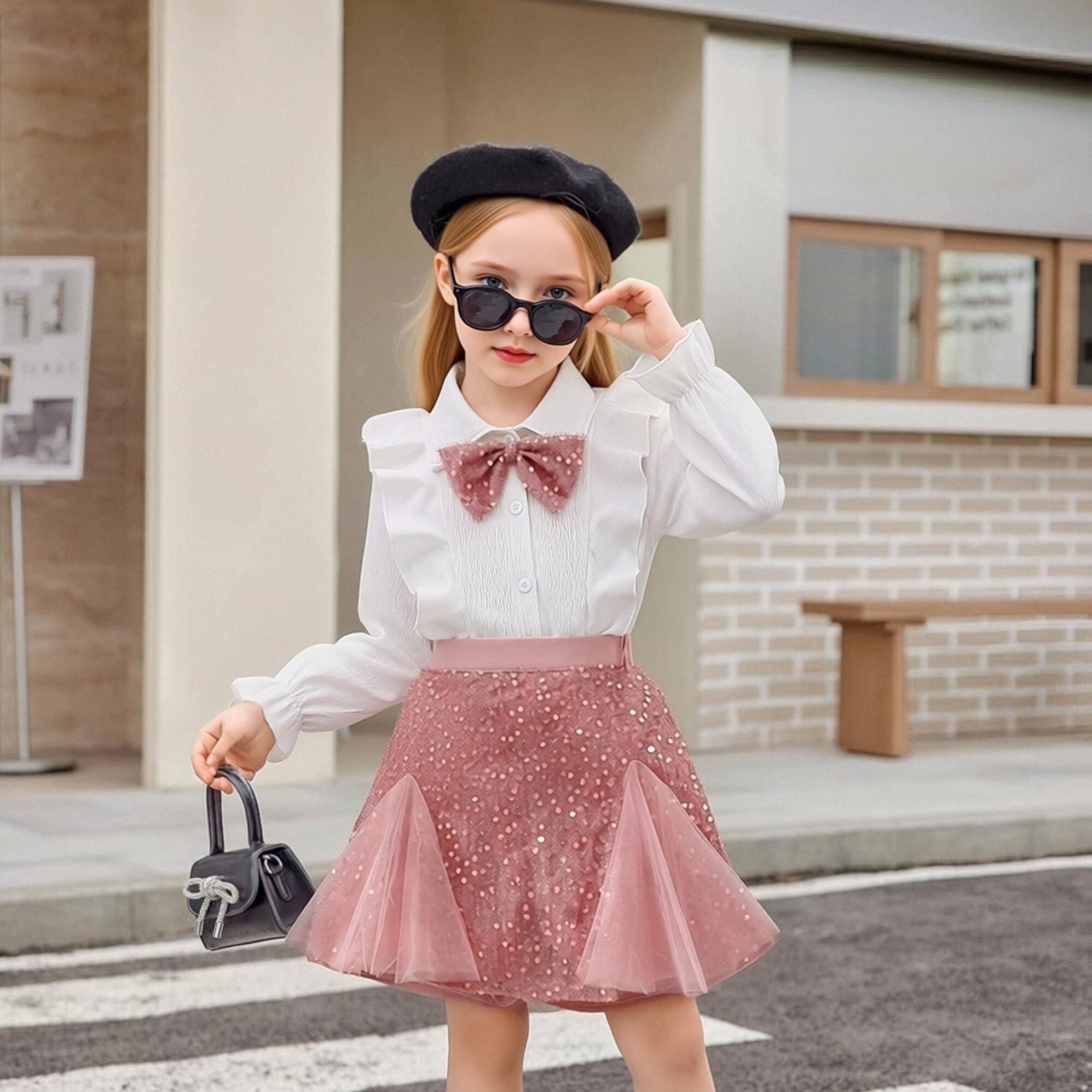 Image of 2pcs Top And Skirt Set Spring Summer Autumn Casual Wear 3d Bow Sequined Mesh Creative Self-styling Long Sleeve Knee-length Lapel Casual Basic Fashionable Elegant Holiday Activity Daily Wear Button