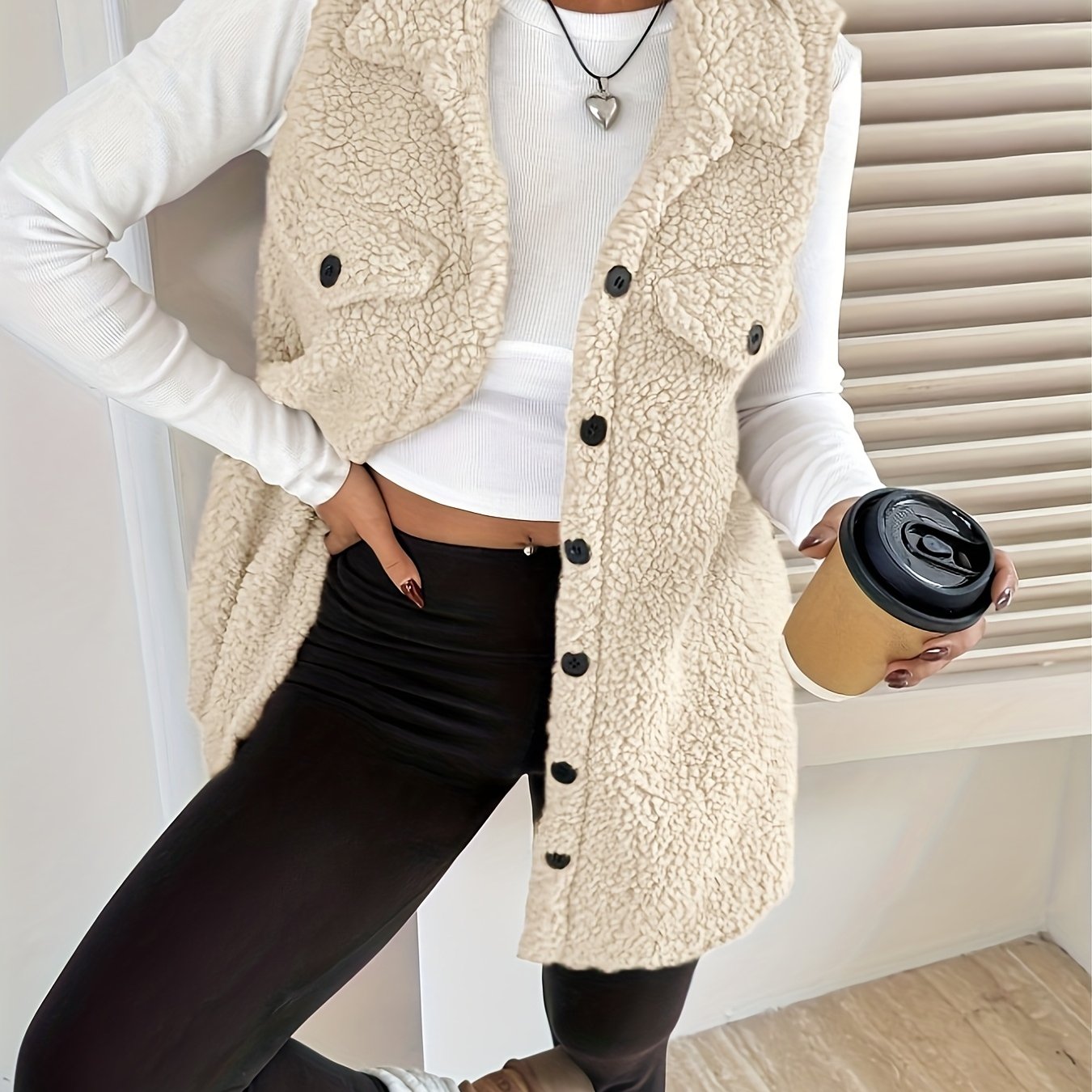 Image of Women's Collarless Plush Jacket, Soft Brown Belted Casual-to-office Coat