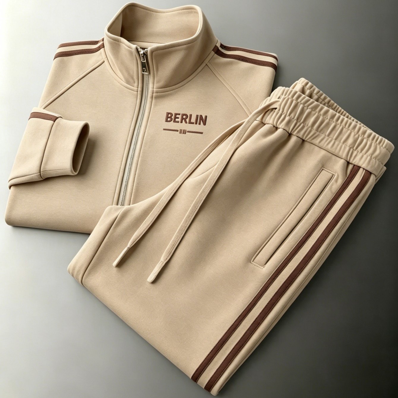Image of Men's Khaki With Berlin Letter Print Tracksuit Stand Collar Zip-up Jacket And Elastic Waist Pants Plus Size Options For Spring And Autumn Casual Wear