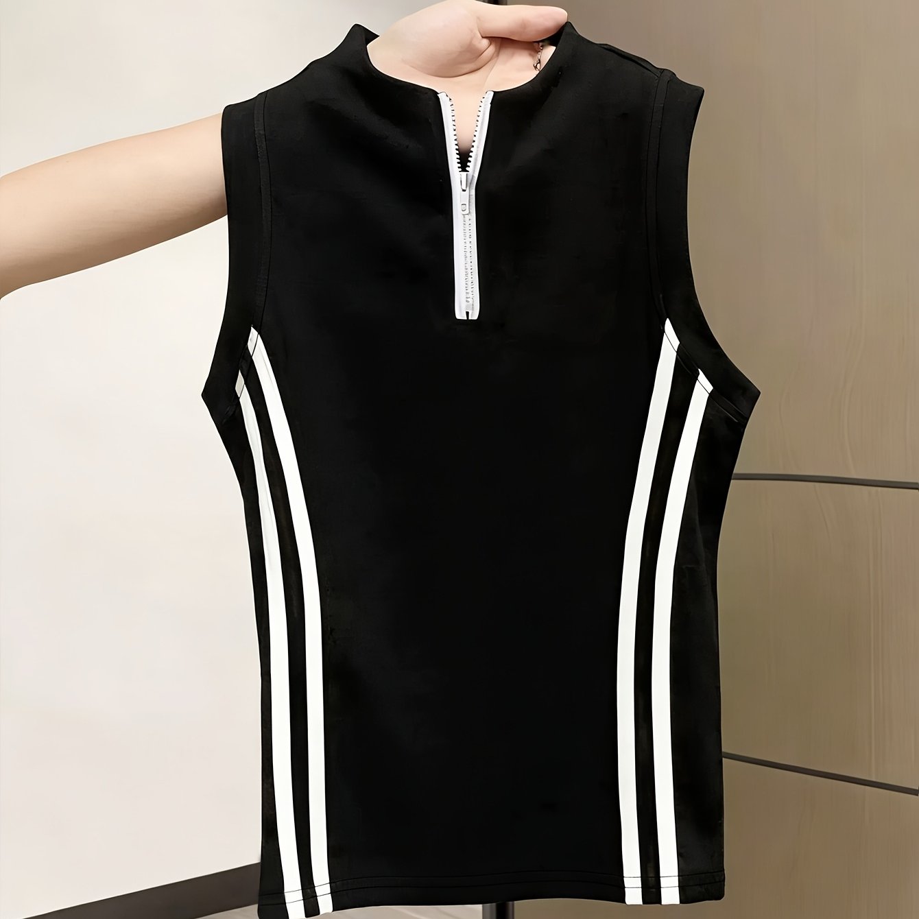 TEMU Summer American-style Hot Zipper Sleeveless Slim-fit Striped Waist-cinching Tank Top, Solid Color - D348