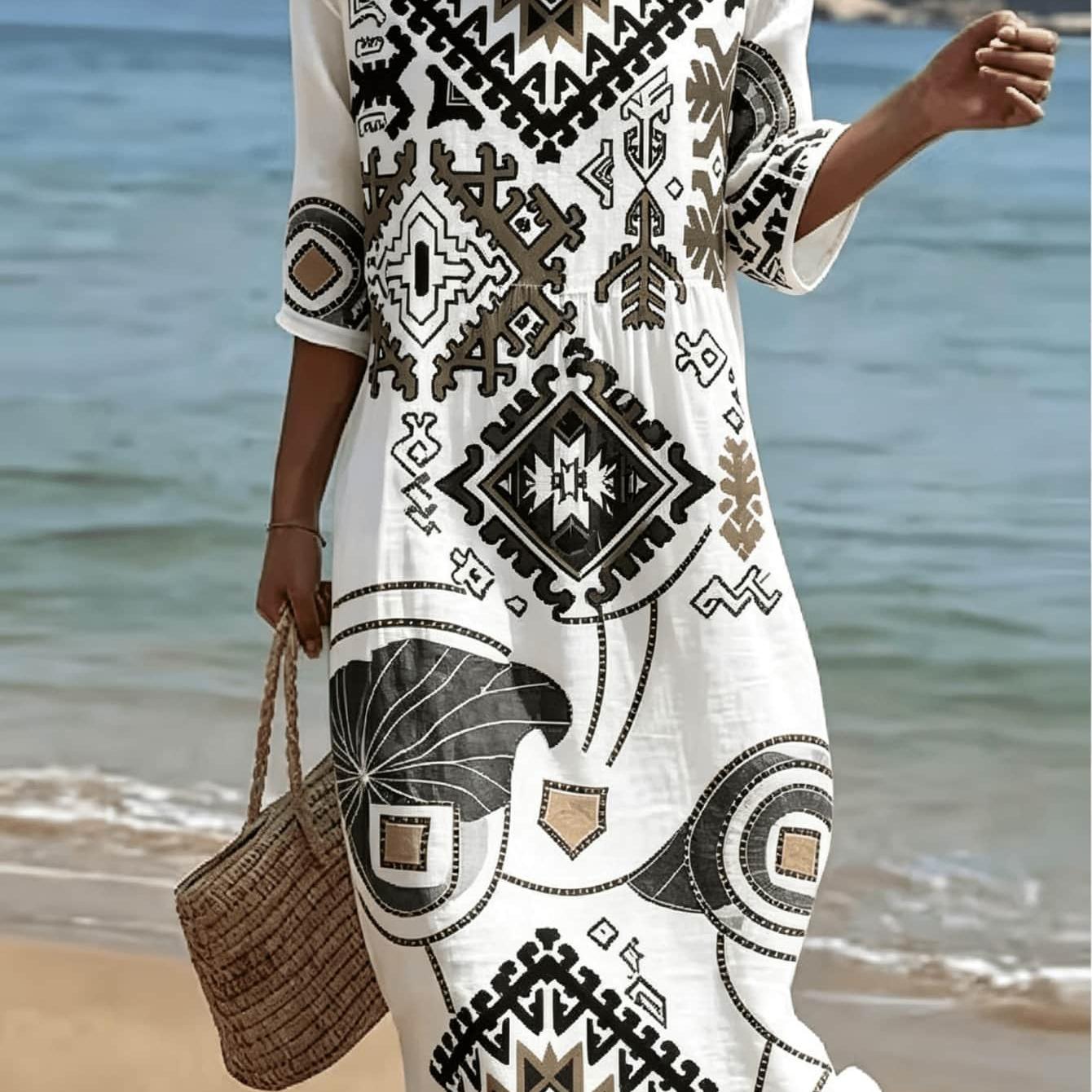 Image of Plus Size, Plus Size Tribal Geometric Print Dress For Women, Casual 3/4 Sleeve Round Neck Loose Midi Dress, Neutral Summer Dress