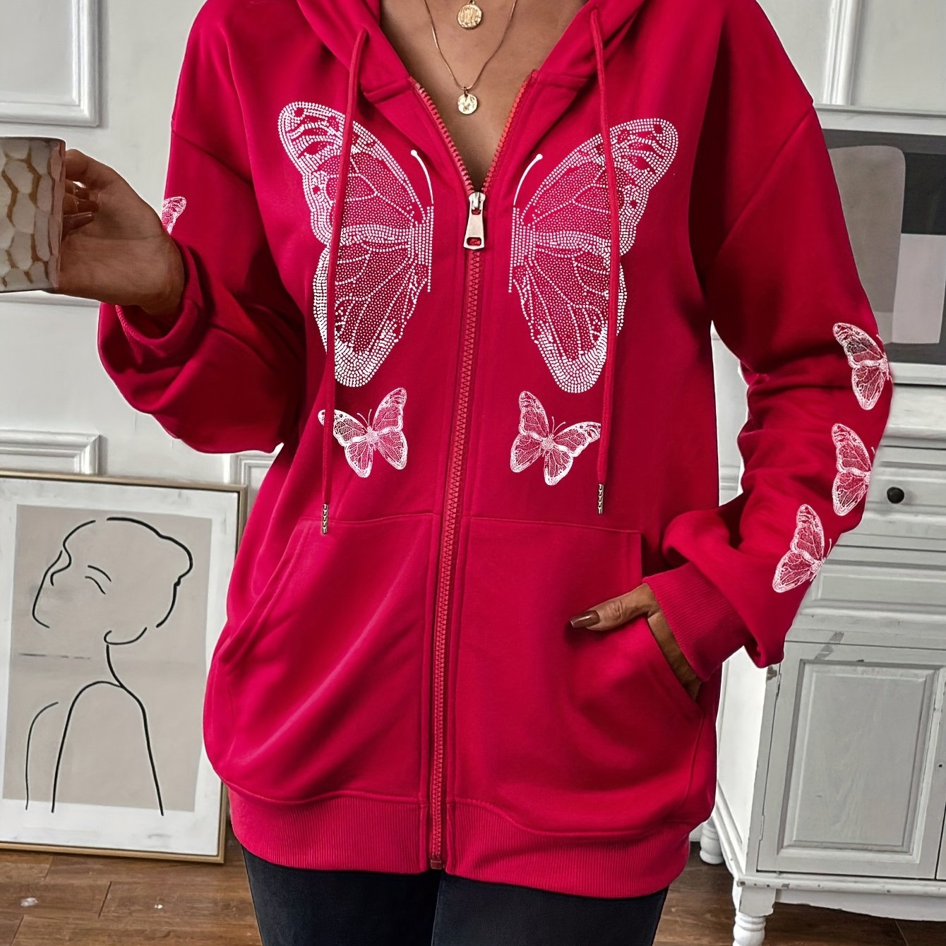 TEMU Print Hooded Sweater Women, Spring And Autumn Long-sleeved Long-zip Hooded Casual Top, Women's Fashion Hoodie