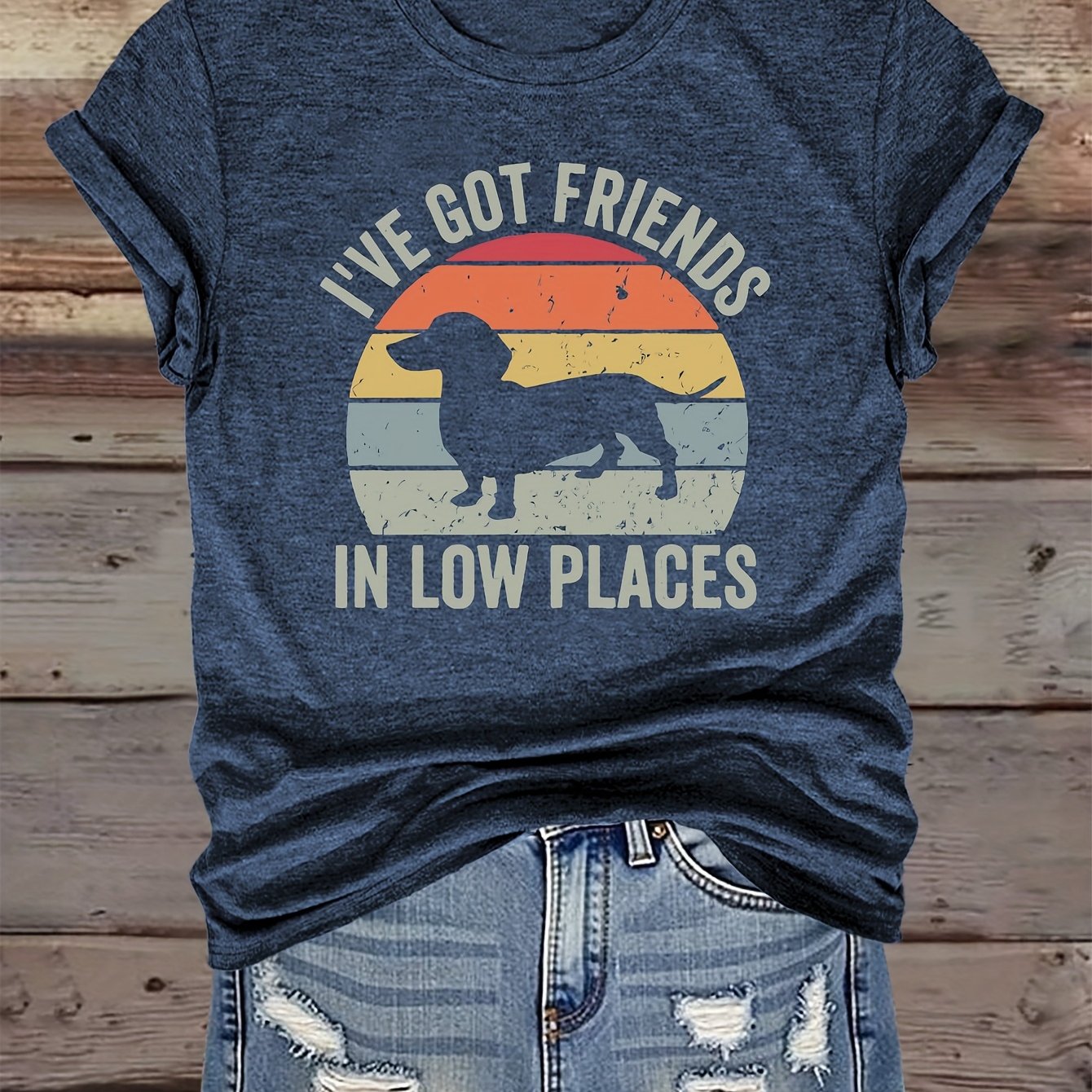 TEMU Neck Short-sleeved T-shirt Dachshund Print Fashionable Retro Style Women's Casual Sports Fitness Spring, Summer, Autumn And Winter