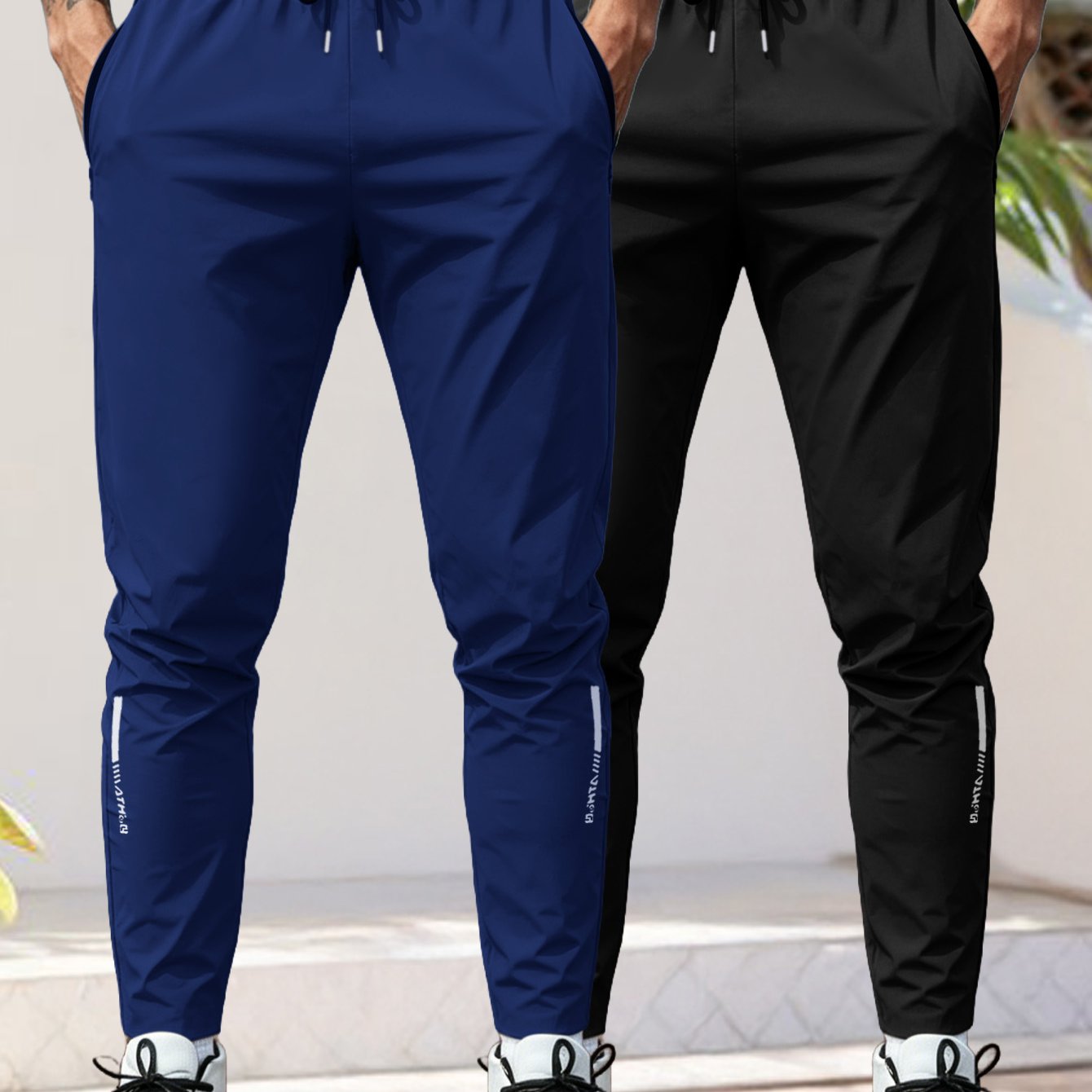 Image of 2pcs Set Men Stretch Straight-leg Athletic Pants Drawstring Waist Casual Trousers For Fitness Daily
