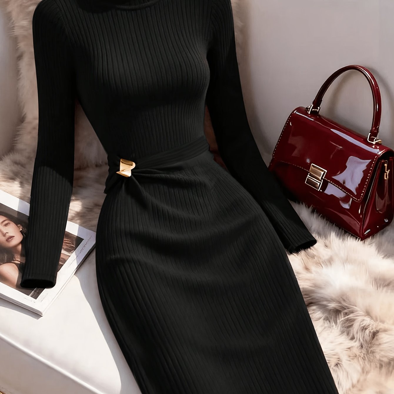 TEMU Women's Elegant High-neck Long Sleeve Dress, Autumn/winter Style