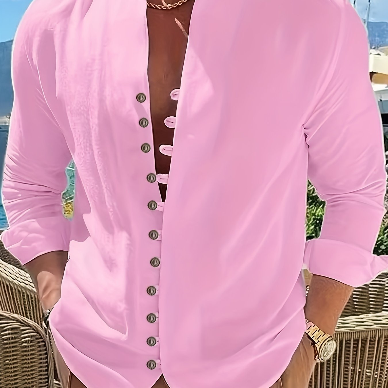 Men's Stand Collar Shirt, Casual Lightweight Breathable Spring/summer Long Sleeve Top, Fashionable Solid Color Versatile Single-breasted Men's Apparel