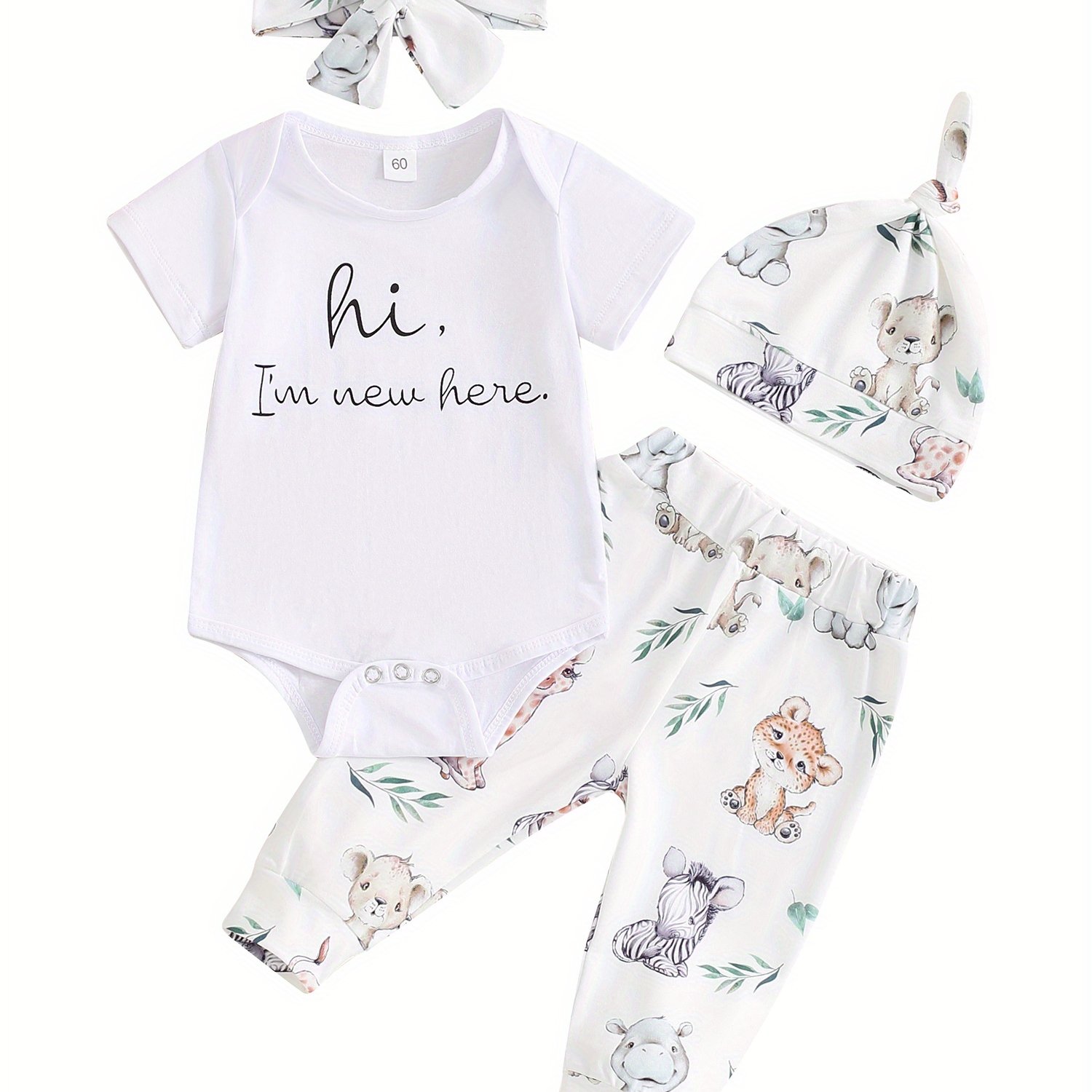 TEMU Troopville Baby Boys Girls Summer Outfits Short Sleeve Animal Print Romper + Pants + Headband + Hat Set Infant Clothes, Outdoor, Baby Clothes,