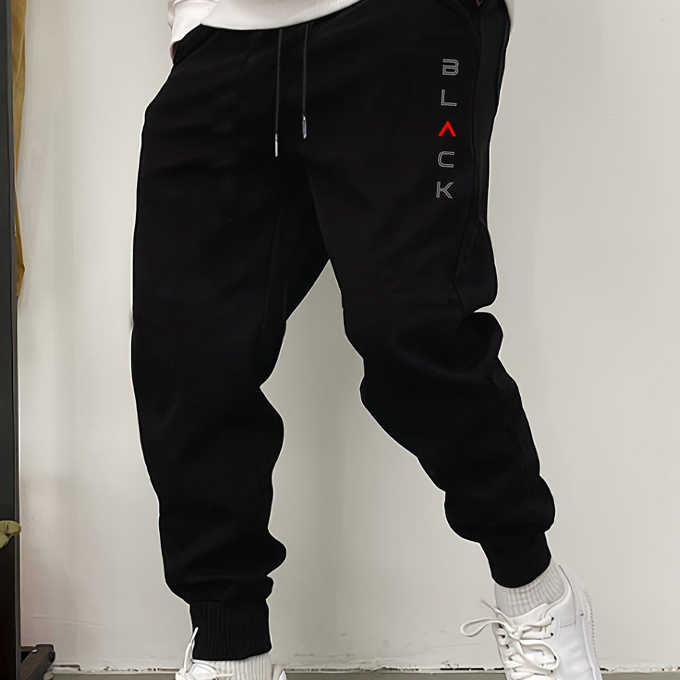 TEMU Black English Men's Casual Jogger Sweatpants, Comfortable Polyester Athletic Trousers With Drawstring For Outdoor Activities, Fall/winter Regular Fit Knitted Track Pants