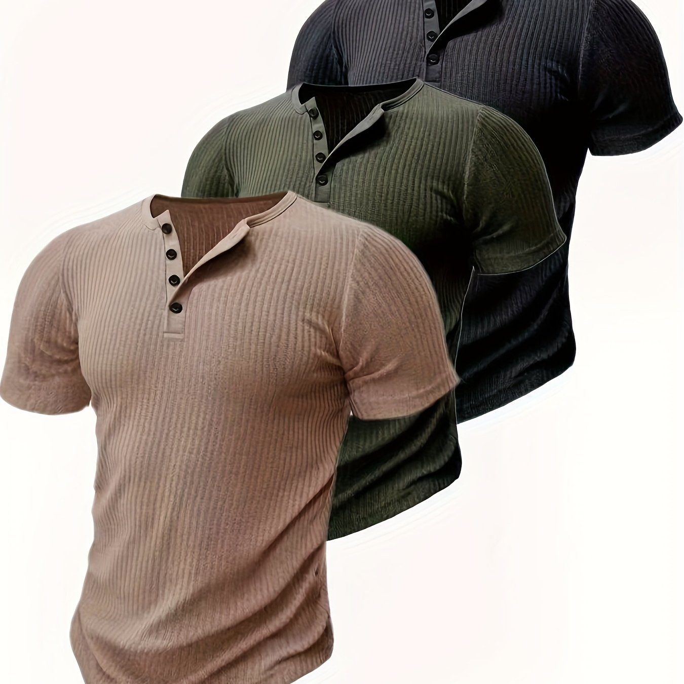 3pcs Set Henley Shirt Crew Neck Four-button Short-sleeved Men's Fashion