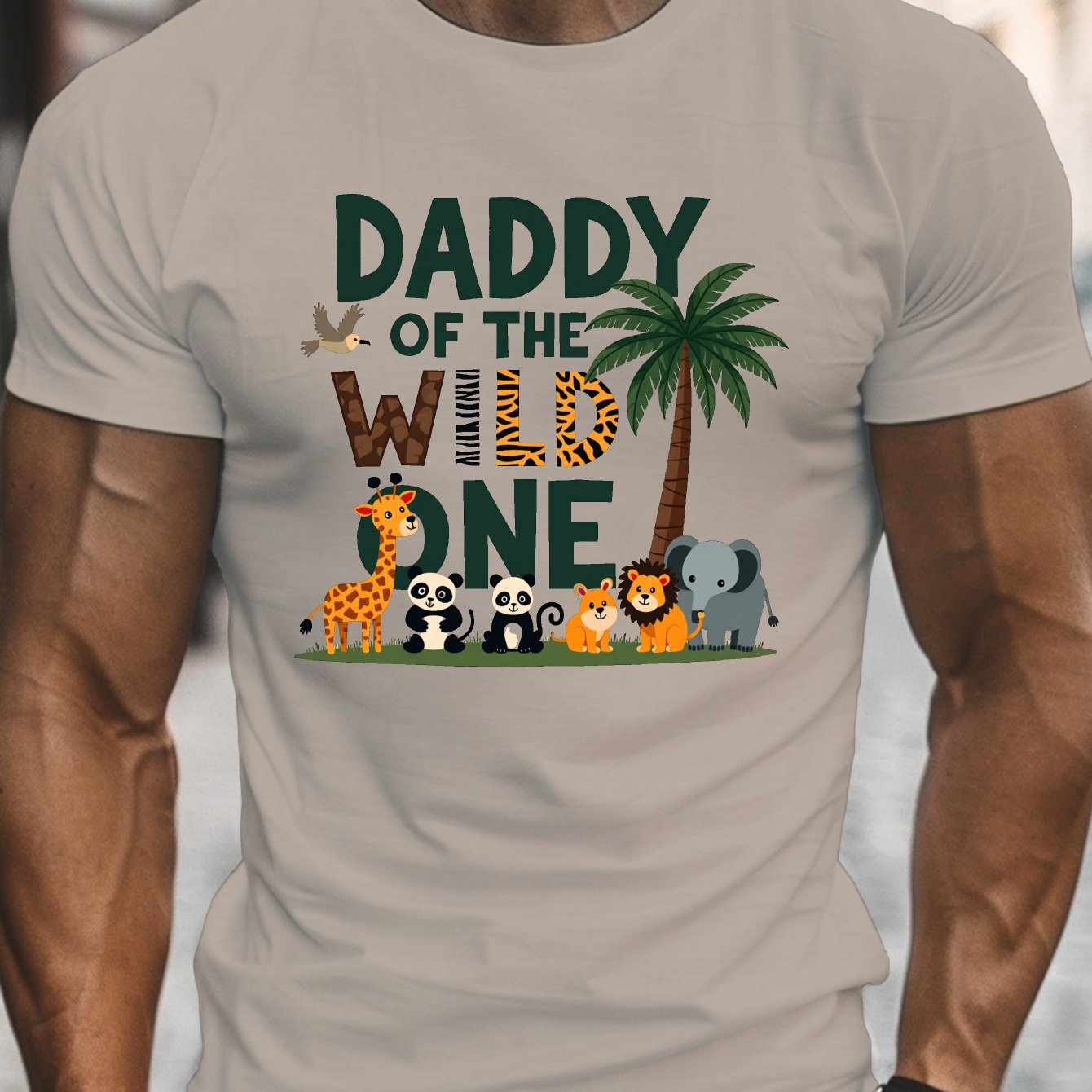 TEMU Men's "daddy Of One" Animal Print T-shirt - Lightweight Summer Crew Neck Tee With Geometric Jungle Design, Regular Fit Casual Top For Dads,