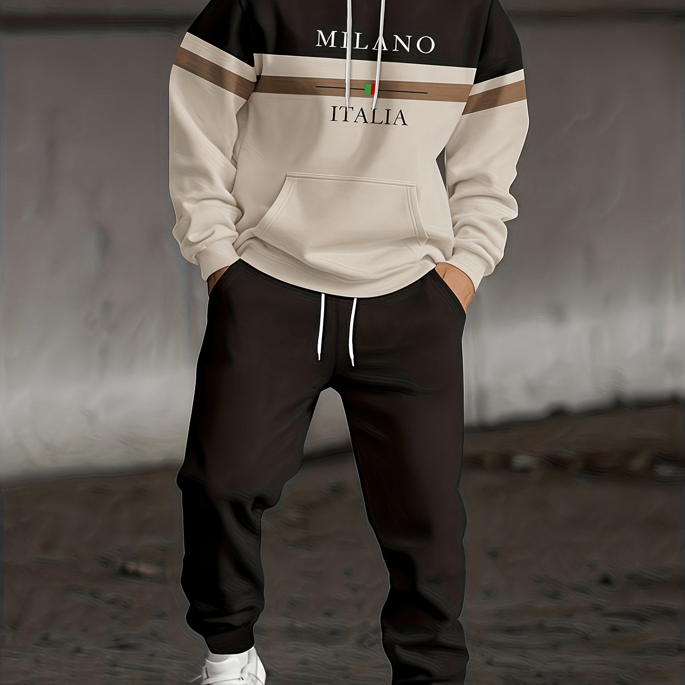 TEMU [printed Design - Not Textured] 2026 's Color Block Print Hoodie And Sweatpants 2pcs Set, For Daily Commuting, Street Style Photoshoots, Outdoor