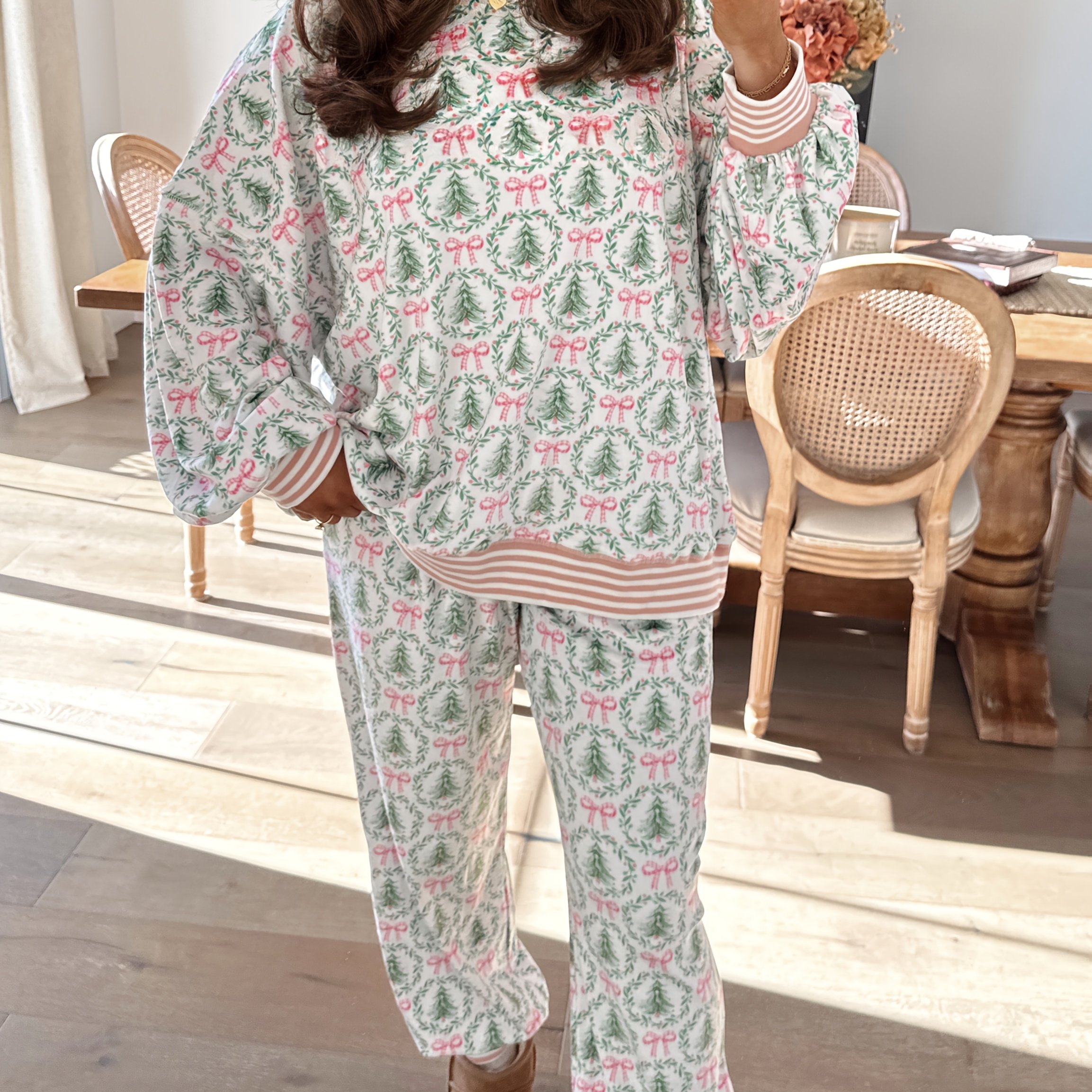 TEMU Women's Pink Bow Print Loungewear Pajama Set. Party Clothing, Long-sleeved Top And Jogging Pants 2pcs Pajamas, Pink And White Striped Cuffs And