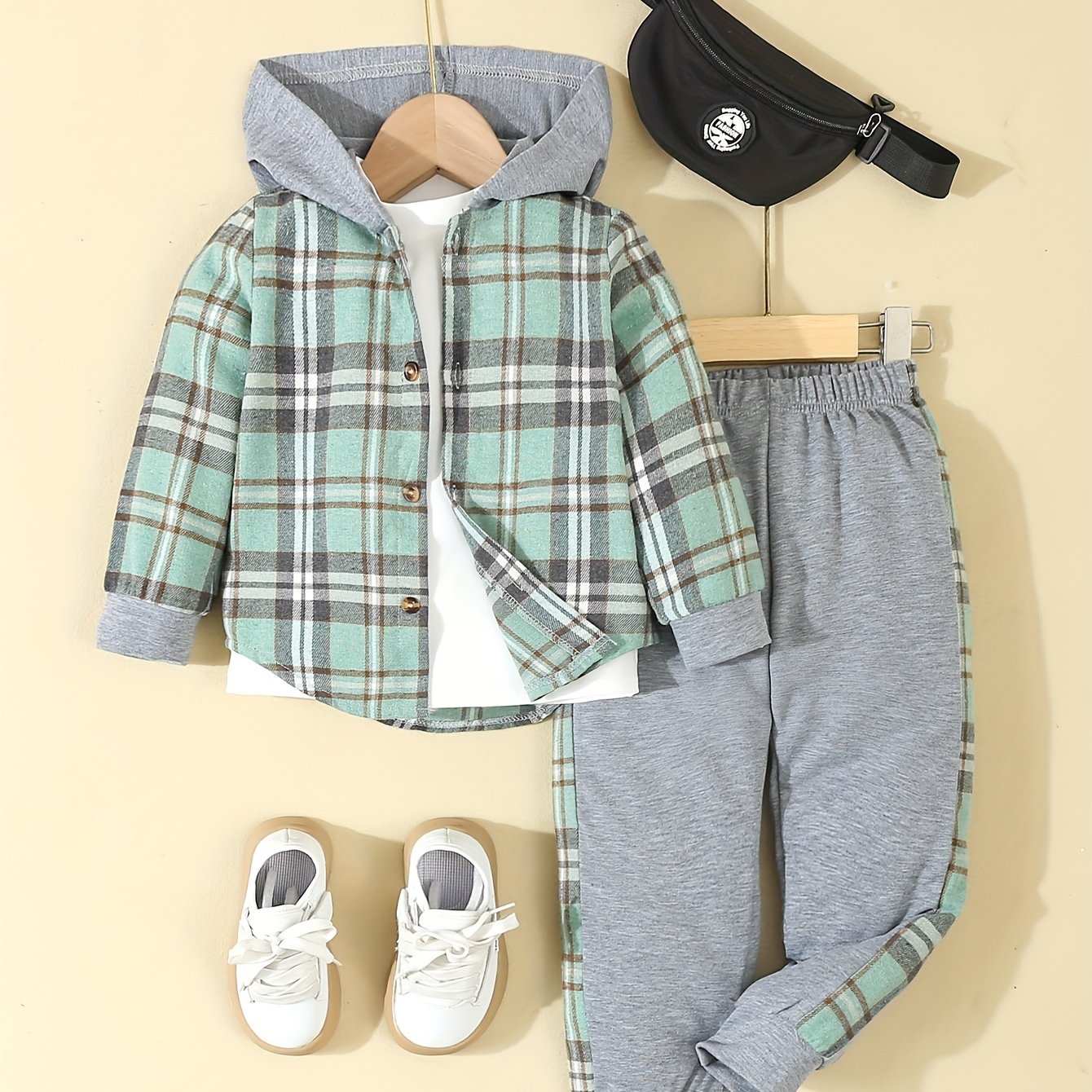 3pcs Boys' Outfit, Hooded Opening Blouse, Long Sleeve Base Layer, And Color-block Long Pants (white Long Sleeve Material: 95% And 5% Spandex), For Outdoor