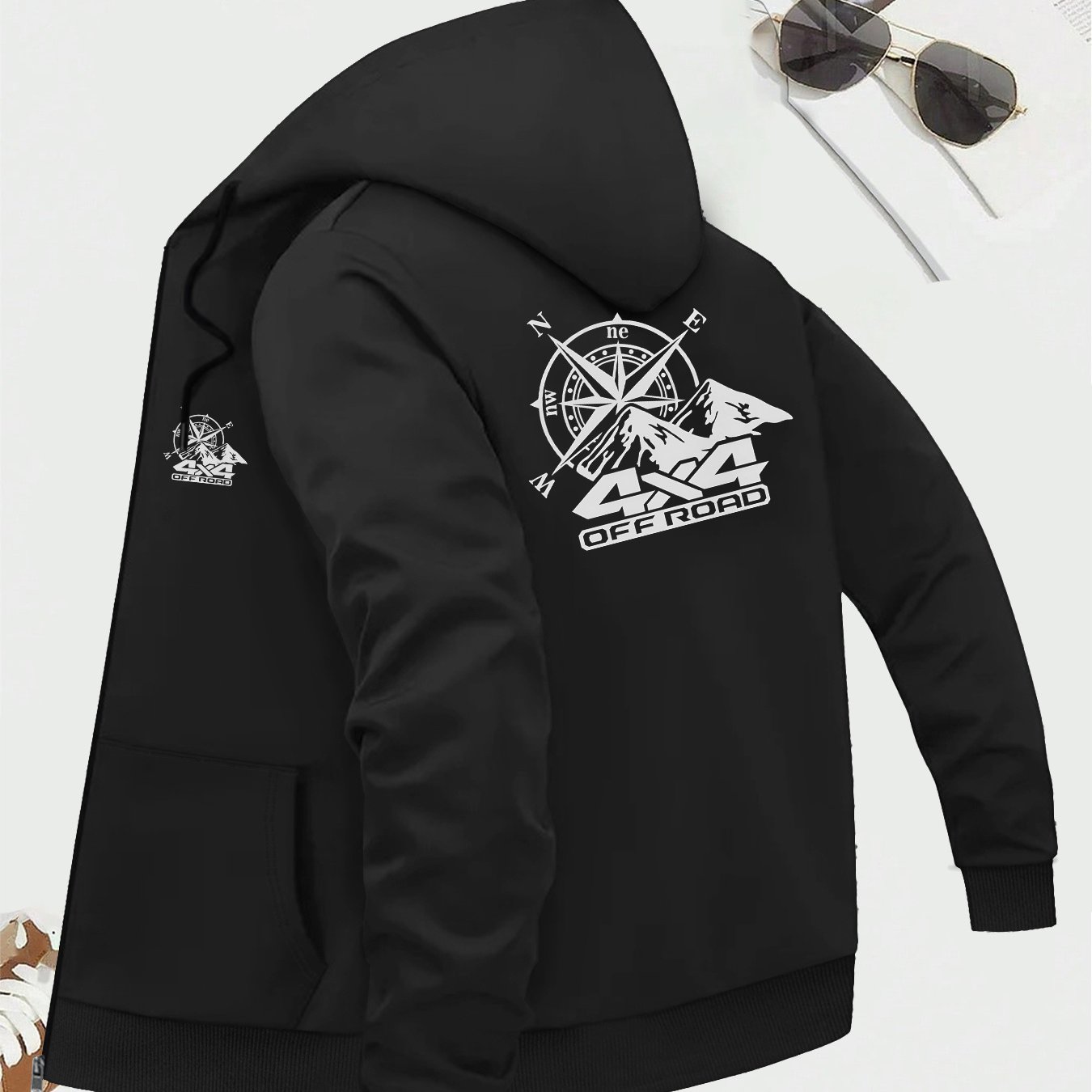 TEMU 4x4 Off-road Compass Mountain Print Men's Hooded Jacket - Zip-up Casual Coat With Pockets, Machine Washable Autumn Winter Outerwear, Fashionable