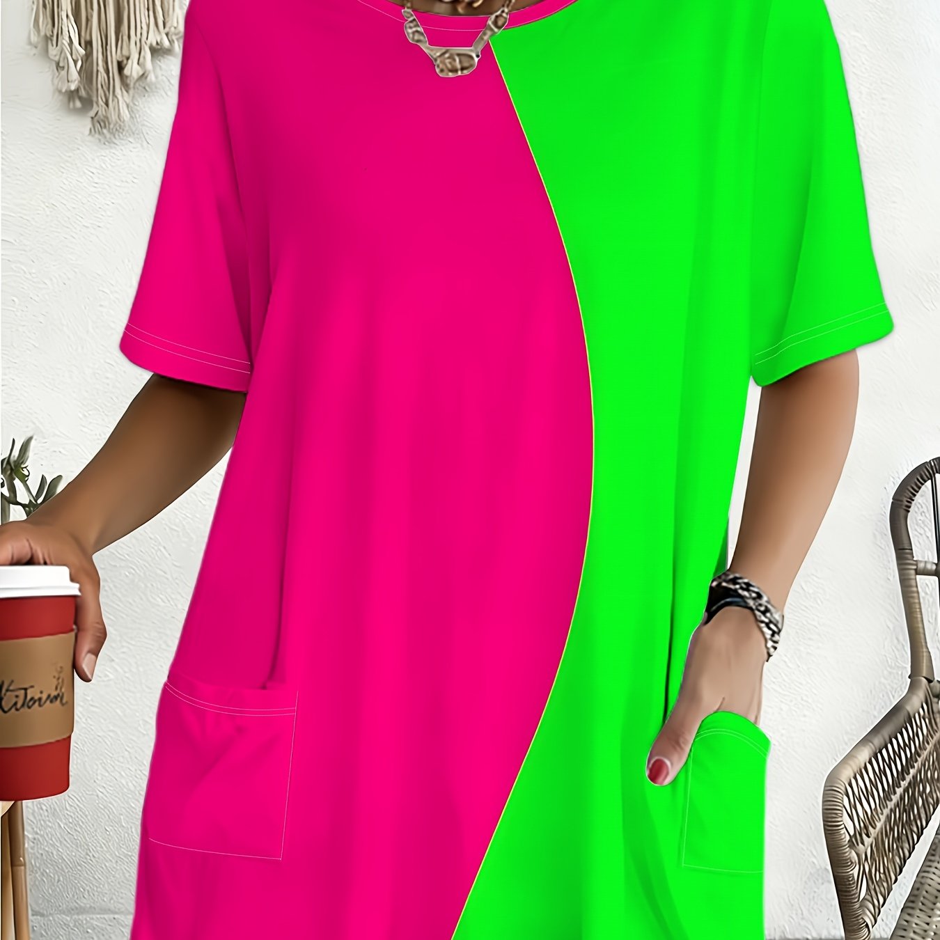 TEMU Color- Spliced Plus-size Women's T-shirt