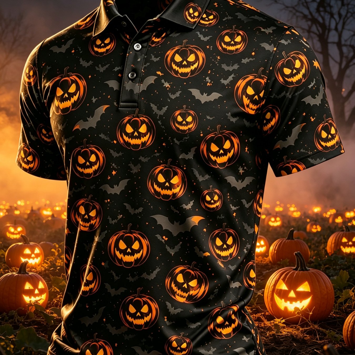 TEMU Men's Halloween Glowing Face Print Golf Shirt, Jack-o'-lantern Bat Starry Night Black Short Sleeve Button-up Graphic Tee, Spooky Party Costume