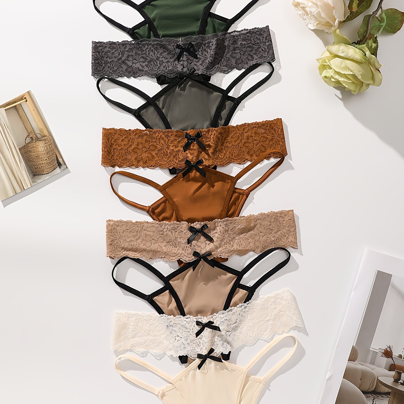 TEMU 5-pack - Color Lace Decor Exquisite Elegant Women's Panties Thin Straps Small Hollow-out Individual Romantic Women' Panties
