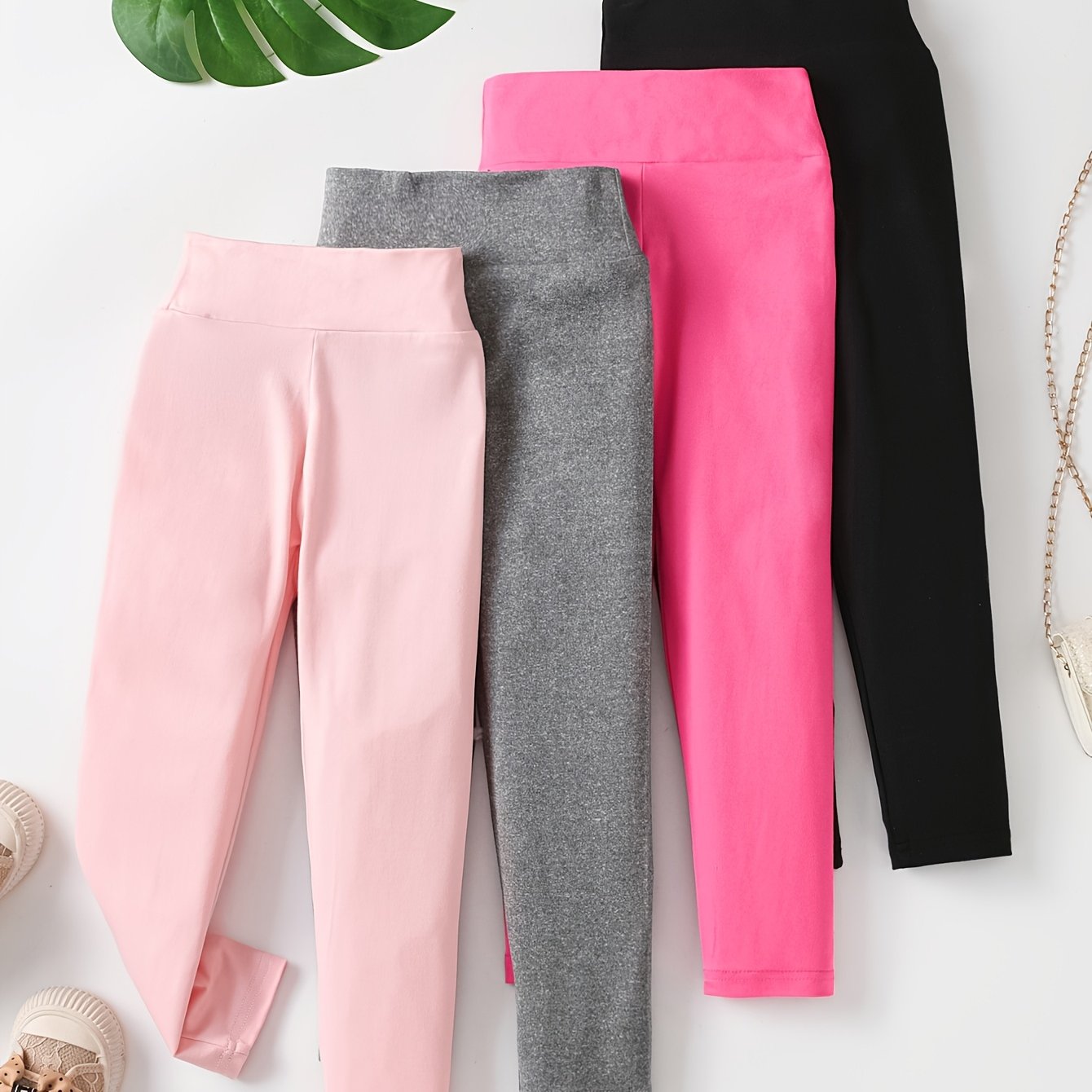 Image of Girls' Basic Cute Solid Color Long Pants, 4pcs Set Of Children's Comfortable Slim-fit Leggings, Suitable For Spring, Autumn, Summer, And Little Girls