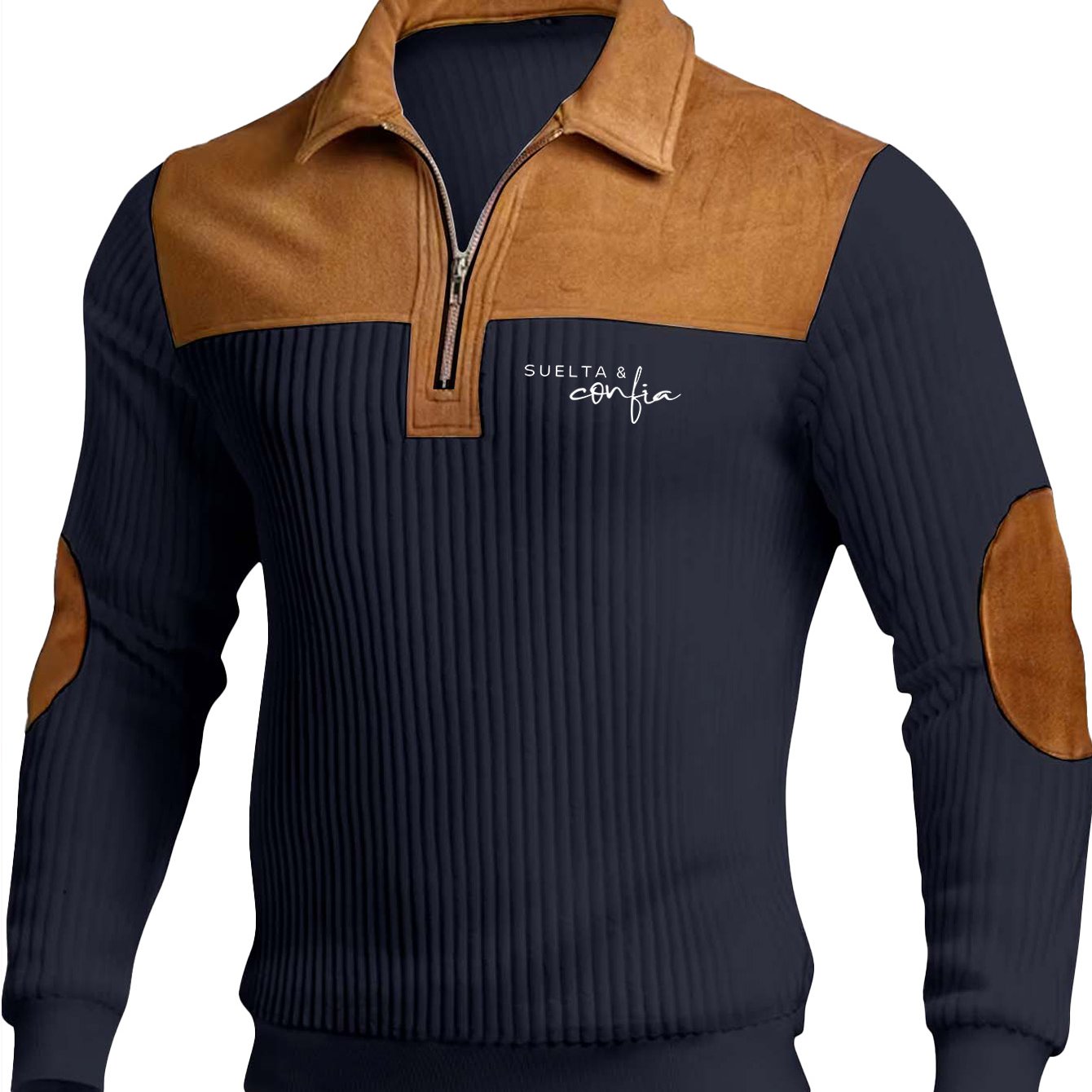 TEMU Men' Color- Casual Neck Pullover Sweater, Ribbed And Brown Contrast, Collar With Zipper, Suitable For Daily Casual Fashion Easy Versatile