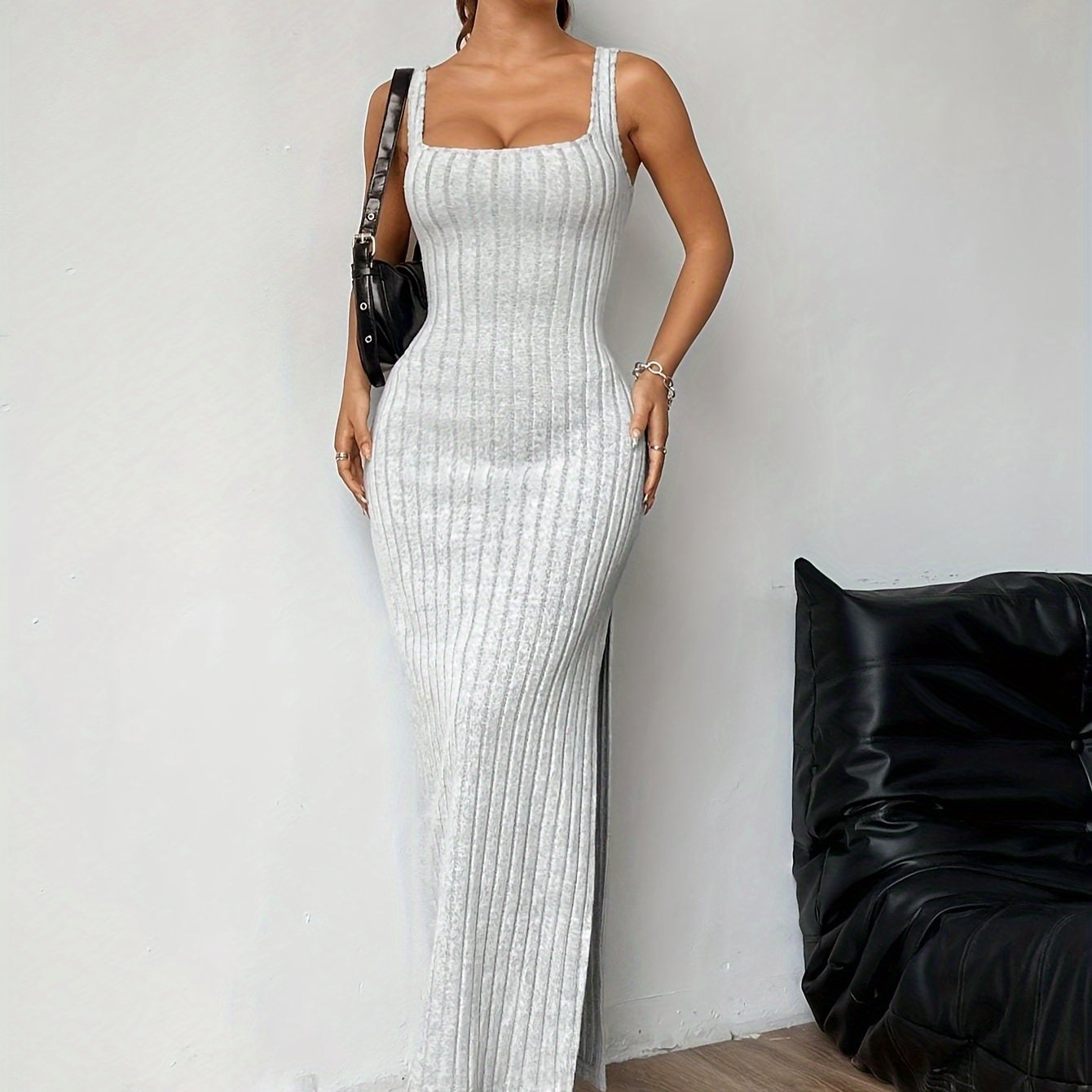 Women's Elegant Dress - Solid Color, Square Neck, Backless, Flared Cut, Fabric Adult Dress
