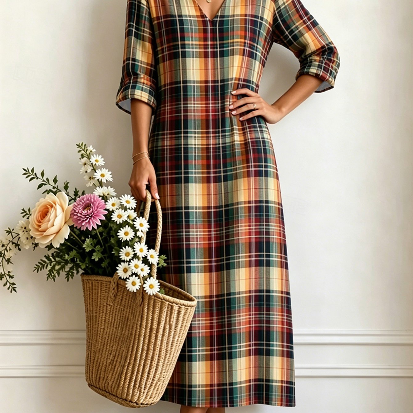 Image of Plus Size - Vintage British Print Plus Size Women's V-neck Three-quarter Sleeve Literary Casual Vacation Long Dress