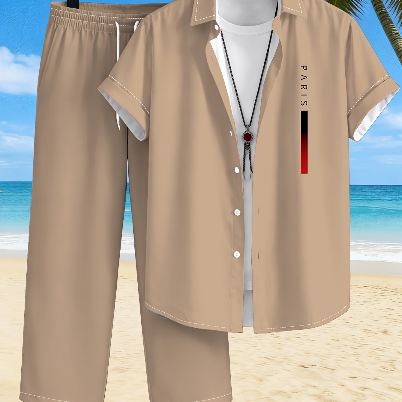 TEMU Men's Summer Casual Letter Slogan Print Short Sleeve Shirt   Long Pants 2pcs Set, Short Shirt For Daily Wear, Men's 2pcs Set, Casual Outdoor