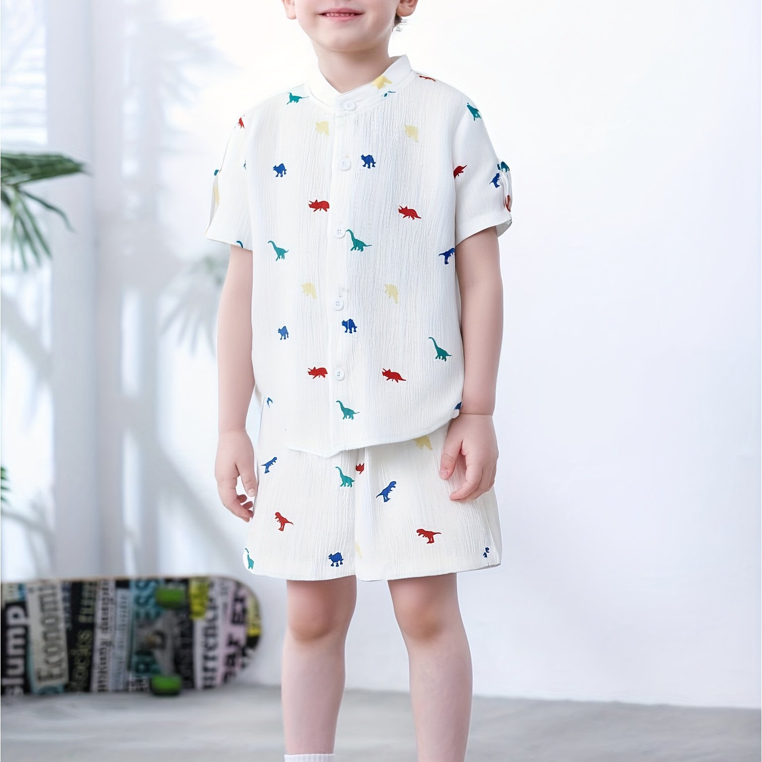 Image of Dinosaur Print Collar Shirt + Shorts Set, For Outdoor